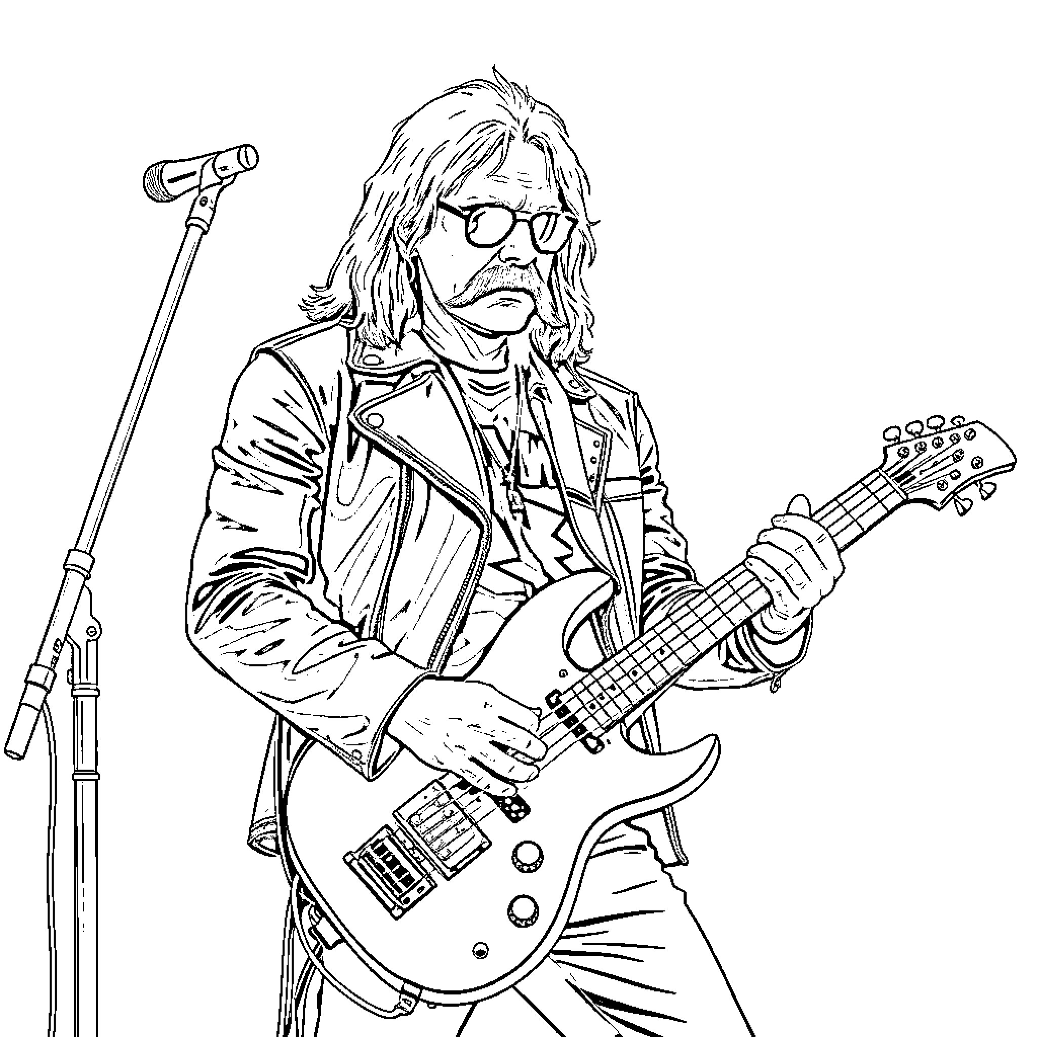 Lemmy Kilmister performing on stage with electric guitar Coloring Page (free black-and-white line drawing printable PDF for all, from beginners to advanced learners, including children, teens, adults, and seniors)