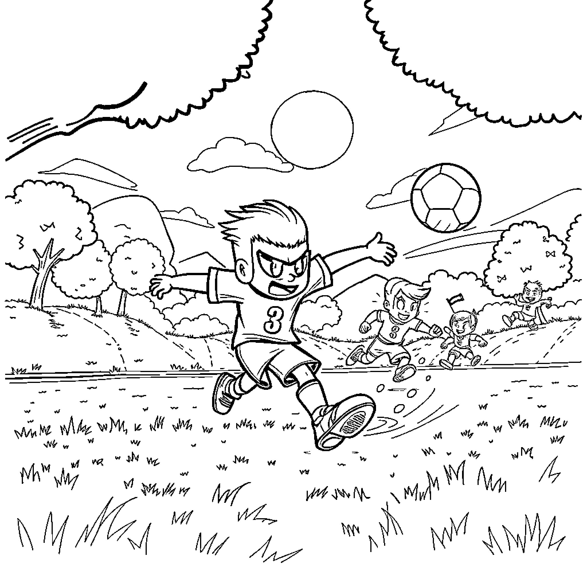 Brawl Stars: Soccer Players in an Outdoor Match Coloring Page (free black-and-white line drawing printable PDF for all, from beginners to advanced learners, including children, teens, adults, and seniors)