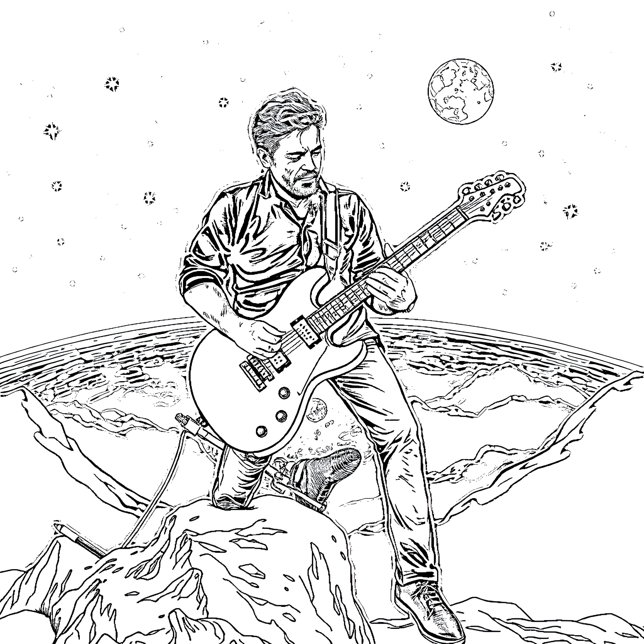 Josh Homme playing guitar on a rocky landscape Coloring Page (free black-and-white line drawing printable PDF for all, from beginners to advanced learners, including children, teens, adults, and seniors)