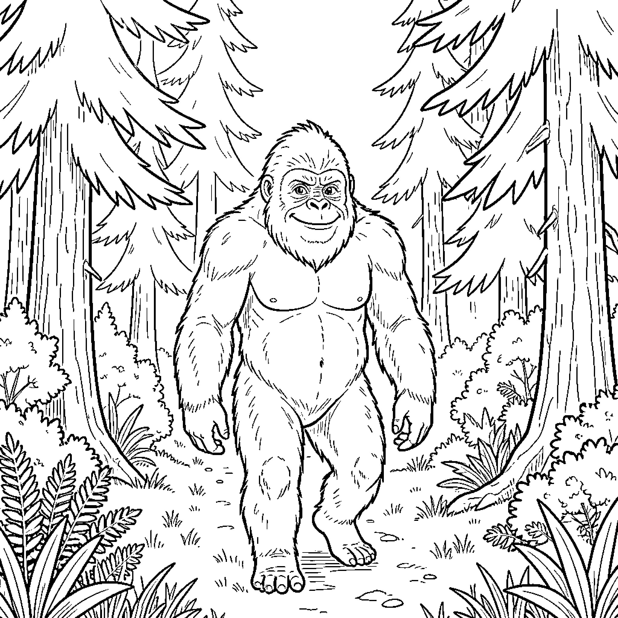 Sasquatch exploring the lush forest landscape Coloring Page (free black-and-white line drawing printable PDF for all, from beginners to advanced learners, including children, teens, adults, and seniors)