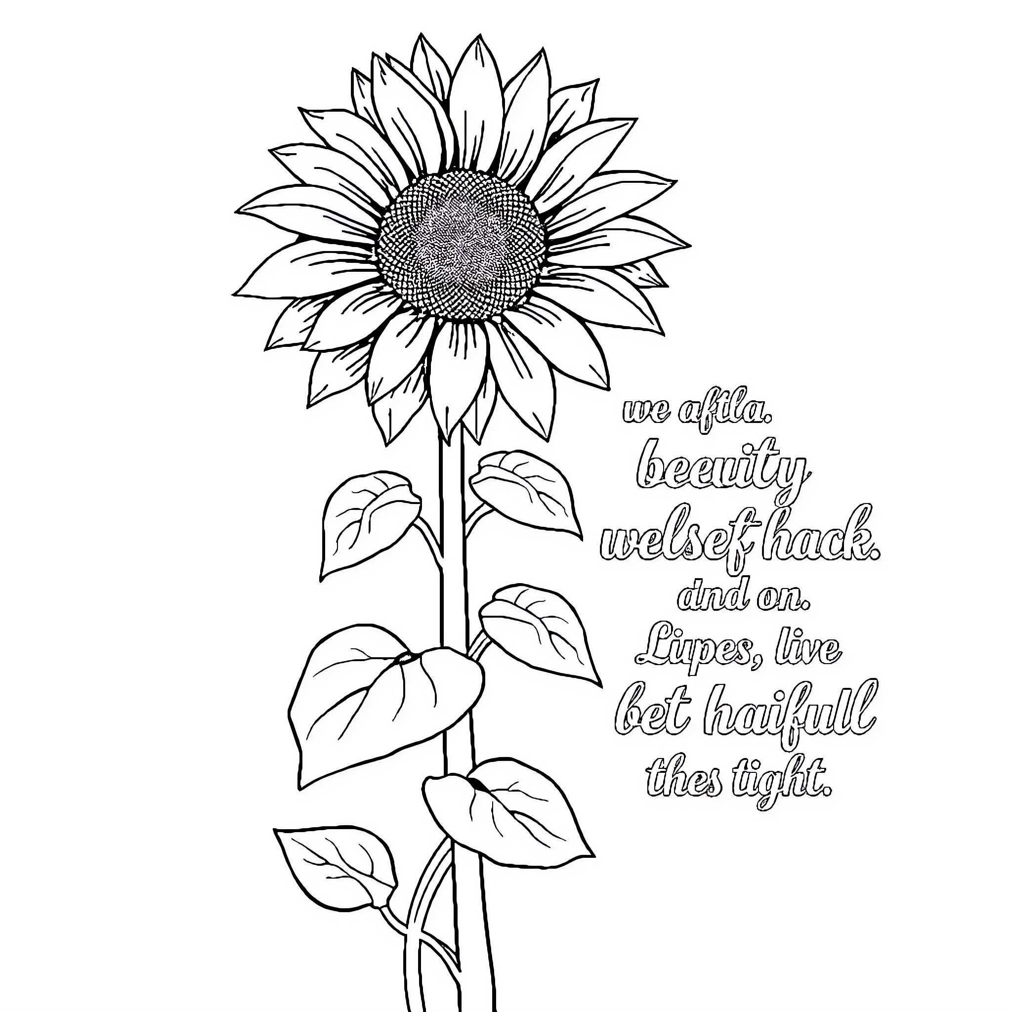 Sunflower with inspirational message Coloring Page (free black-and-white line drawing printable PDF for all, from beginners to advanced learners, including children, teens, adults, and seniors)