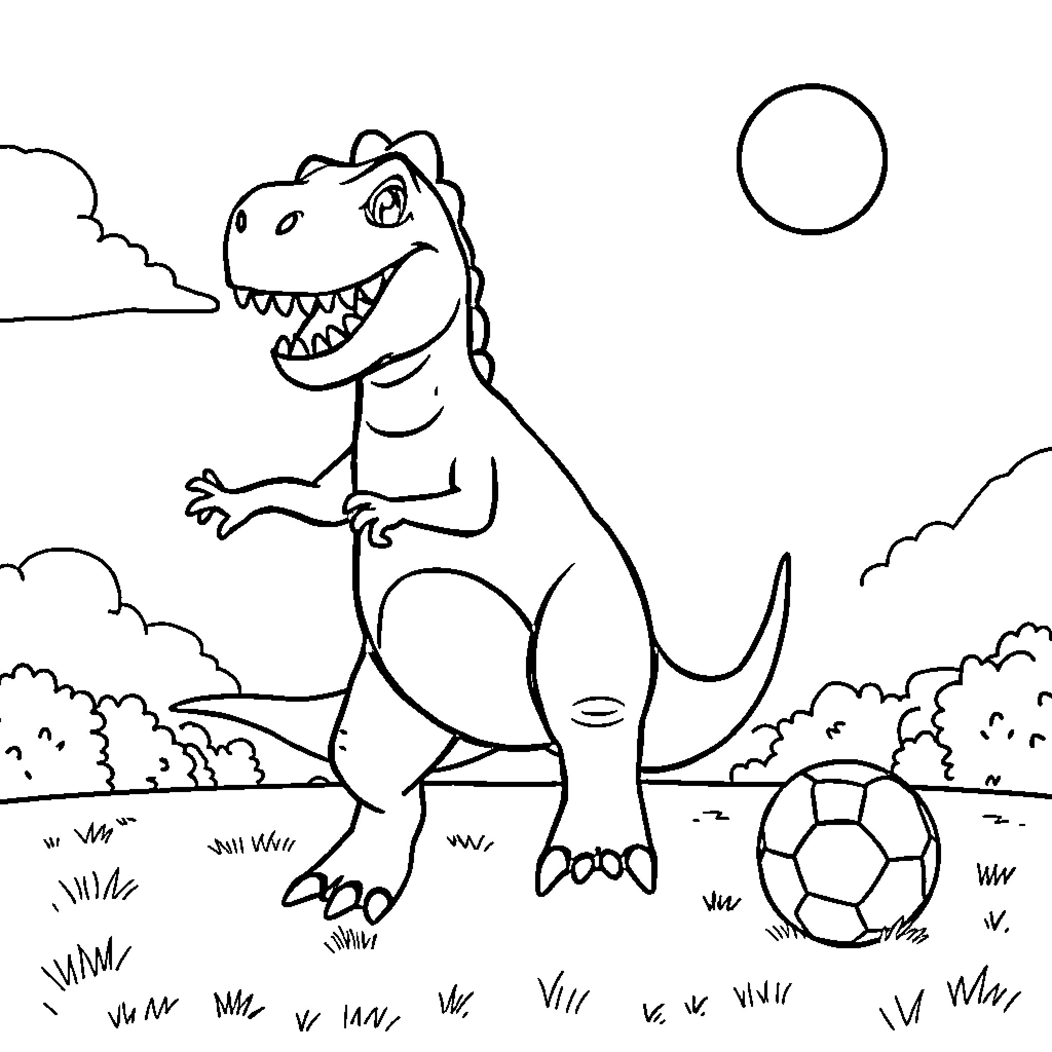 Dinosaur playing happily with soccer ball in the park Coloring Page (free black-and-white line drawing printable PDF for all, from beginners to advanced learners, including children, teens, adults, and seniors)