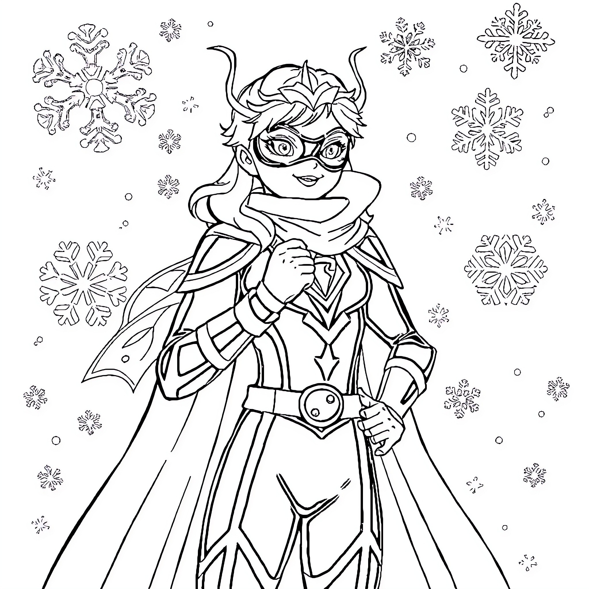 Miraculous Snowy Superhero Adventure Coloring Page (free black-and-white line drawing printable PDF for all, from beginners to advanced learners, including children, teens, adults, and seniors)
