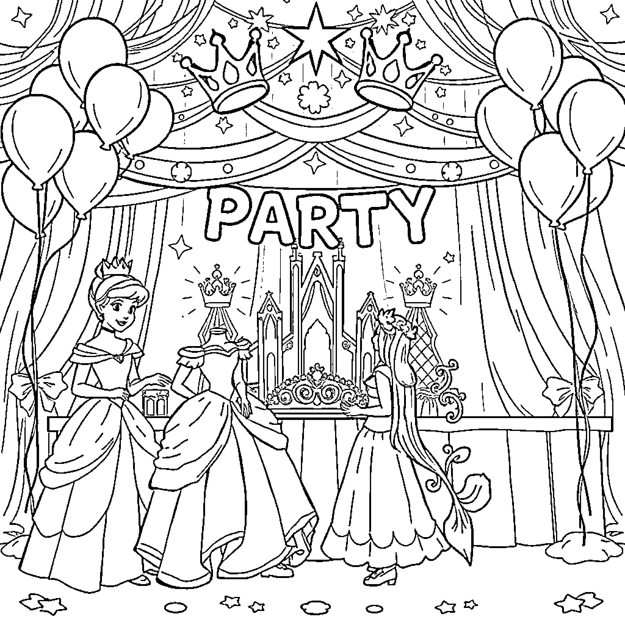 Princess Party at the Royal Palace Coloring Page (free black-and-white line drawing printable PDF for all, from beginners to advanced learners, including children, teens, adults, and seniors)