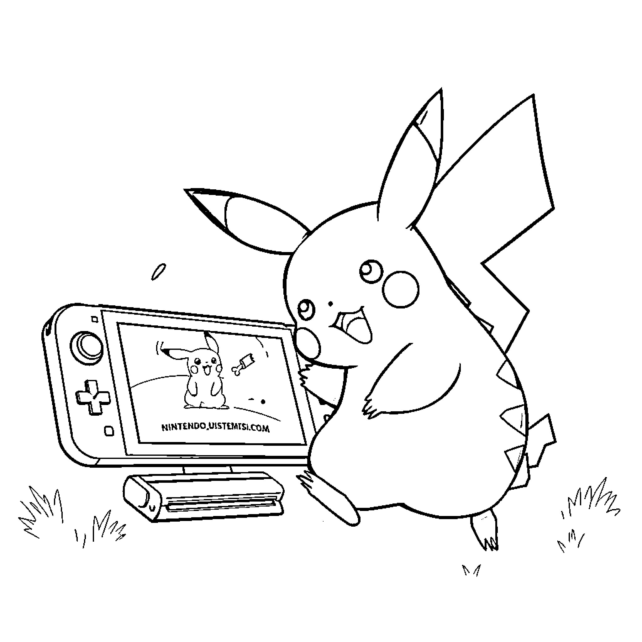 Pikachu playing video games happily Coloring Page (free black-and-white line drawing printable PDF for all, from beginners to advanced learners, including children, teens, adults, and seniors)