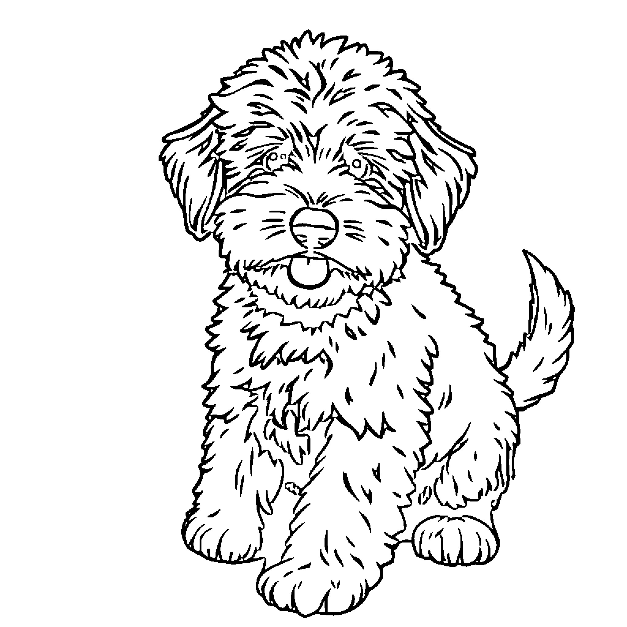 Groodle puppy posing happily Coloring Page (free black-and-white line drawing printable PDF for all, from beginners to advanced learners, including children, teens, adults, and seniors)