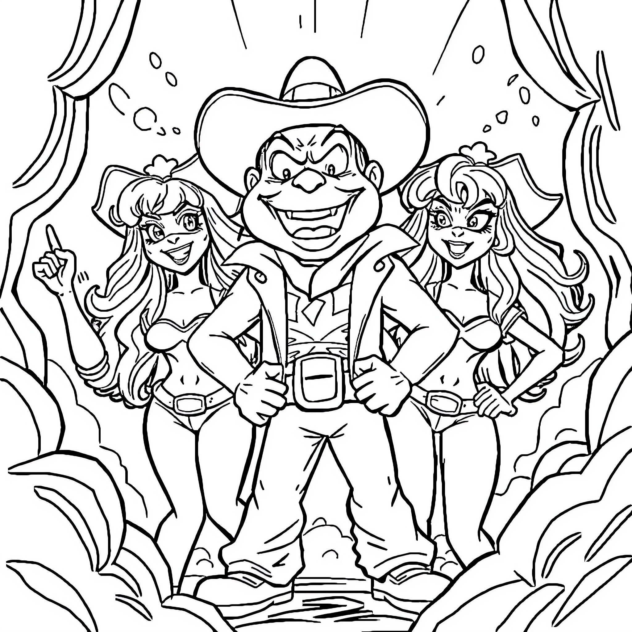 Super Nanny Saves the Day with Cheerful Companions Coloring Page (free black-and-white line drawing printable PDF for all, from beginners to advanced learners, including children, teens, adults, and seniors)