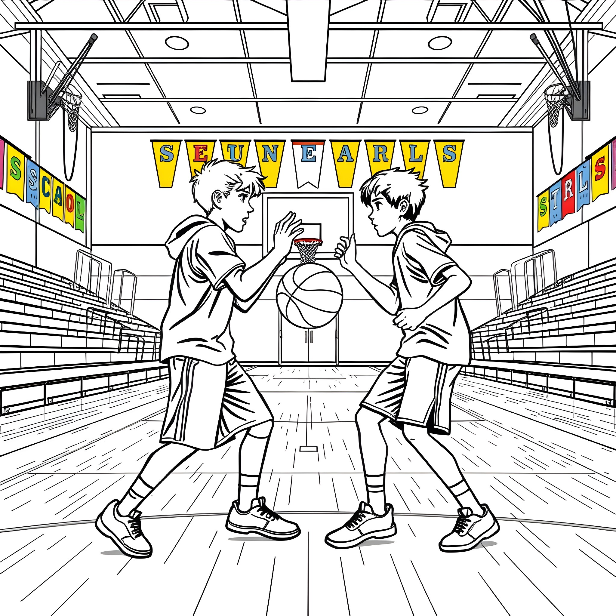 Teen Guys Playing Basketball in School Gym Coloring Page (free black-and-white line drawing printable PDF for all, from beginners to advanced learners, including children, teens, adults, and seniors)