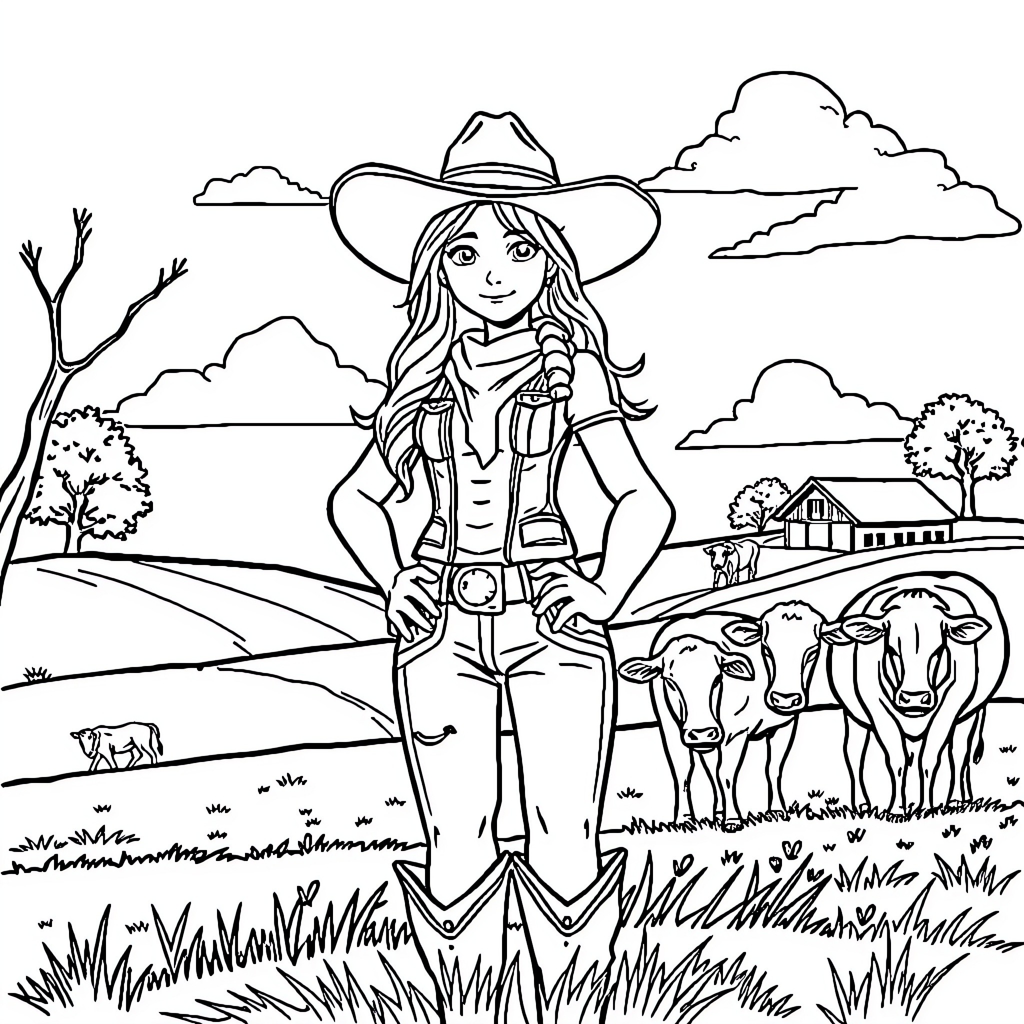 Cowgirl Exploring Scenic Ranch Landscape Coloring Page (free black-and-white line drawing printable PDF for all, from beginners to advanced learners, including children, teens, adults, and seniors)