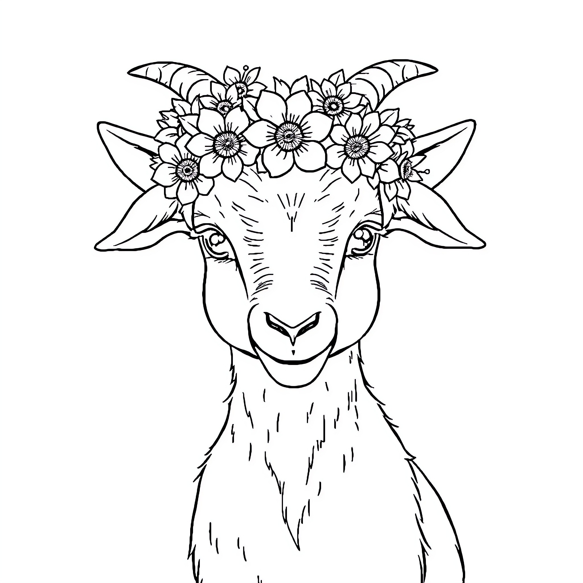 Goat with floral crown in whimsical pose Coloring Page (free black-and-white line drawing printable PDF for all, from beginners to advanced learners, including children, teens, adults, and seniors)