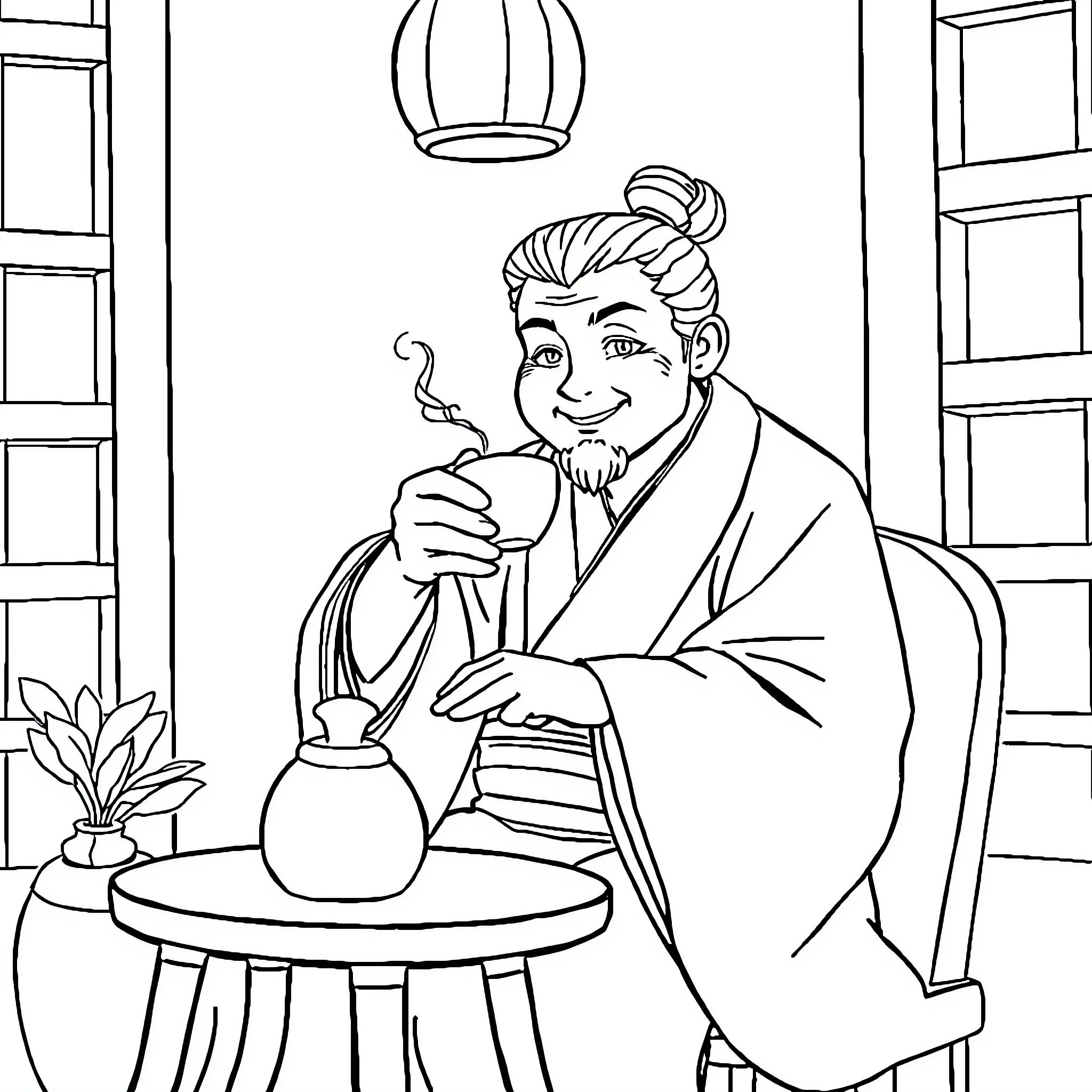 Tengen Uzui enjoying a warm beverage in a cozy setting Coloring Page (free black-and-white line drawing printable PDF for all, from beginners to advanced learners, including children, teens, adults, and seniors)
