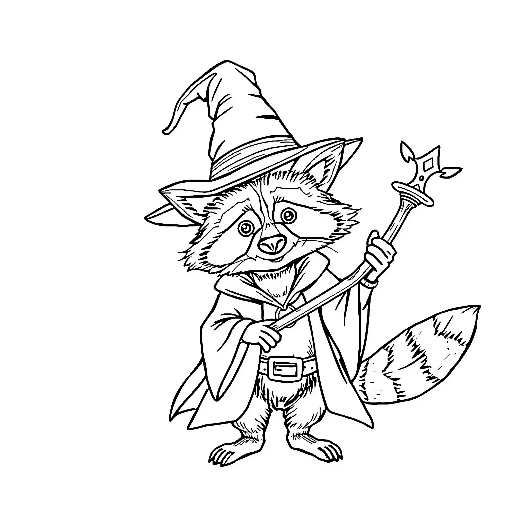Raccoon wizard casting magical spell Coloring Page (free black-and-white line drawing printable PDF for all, from beginners to advanced learners, including children, teens, adults, and seniors)