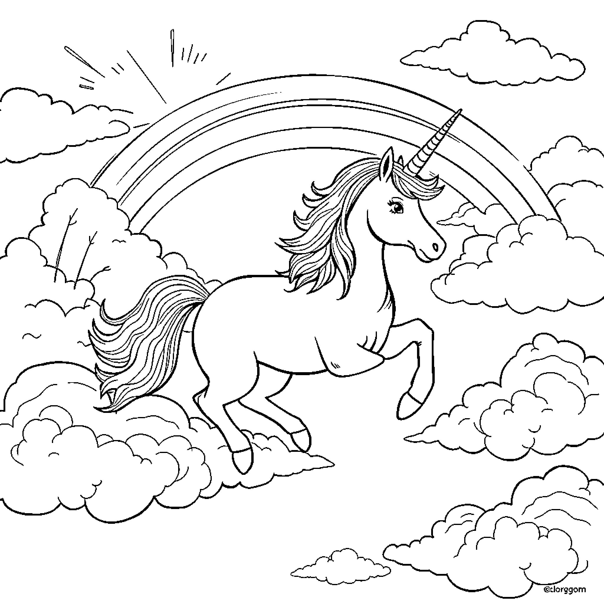 Unicorn galloping amidst clouds and rainbows Coloring Page (free black-and-white line drawing printable PDF for all, from beginners to advanced learners, including children, teens, adults, and seniors)