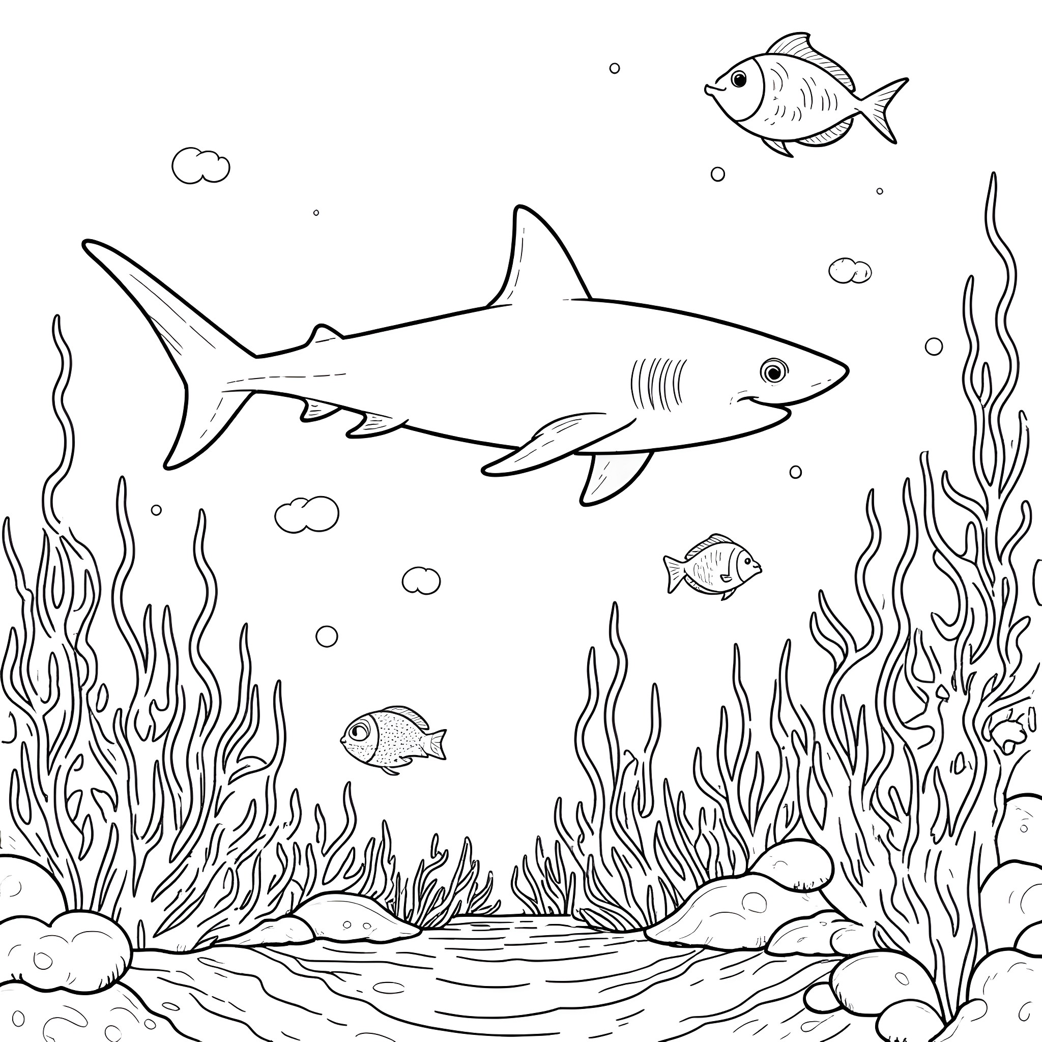 Coral Reef with Diverse Marine Life Coloring Page (free black-and-white line drawing printable PDF for all, from beginners to advanced learners, including children, teens, adults, and seniors)