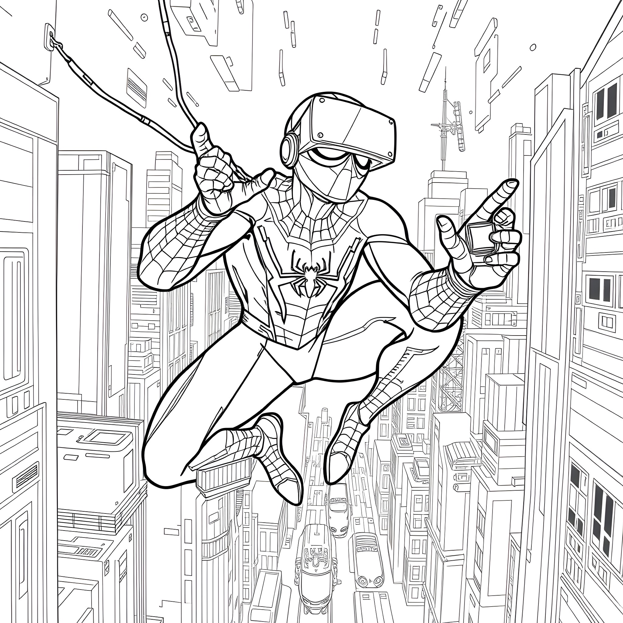 Spiderman swinging through the city in virtual reality Coloring Page (free black-and-white line drawing printable PDF for all, from beginners to advanced learners, including children, teens, adults, and seniors)