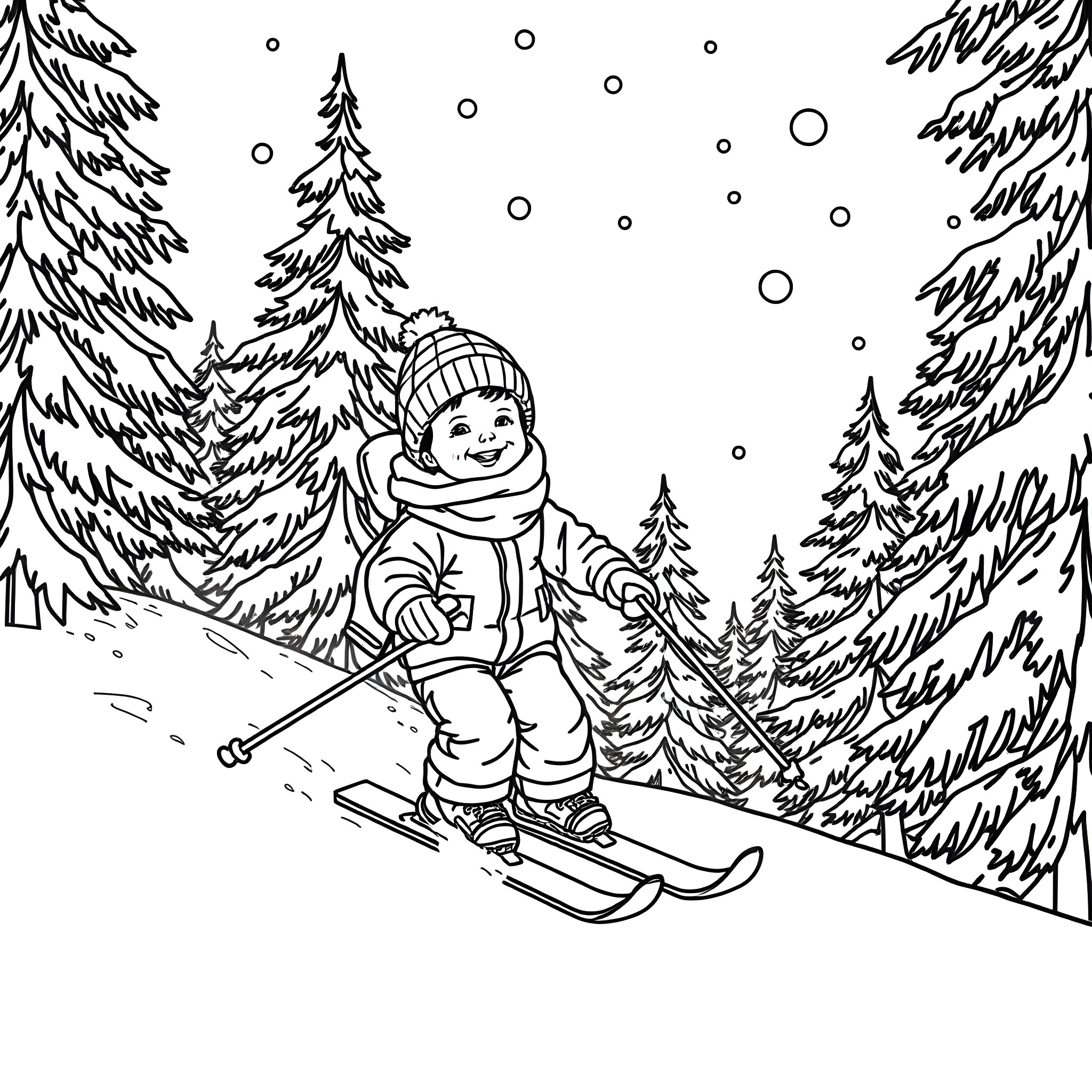 Toddler Skiing Through Snowy Forest Coloring Page (free black-and-white line drawing printable PDF for all, from beginners to advanced learners, including children, teens, adults, and seniors)