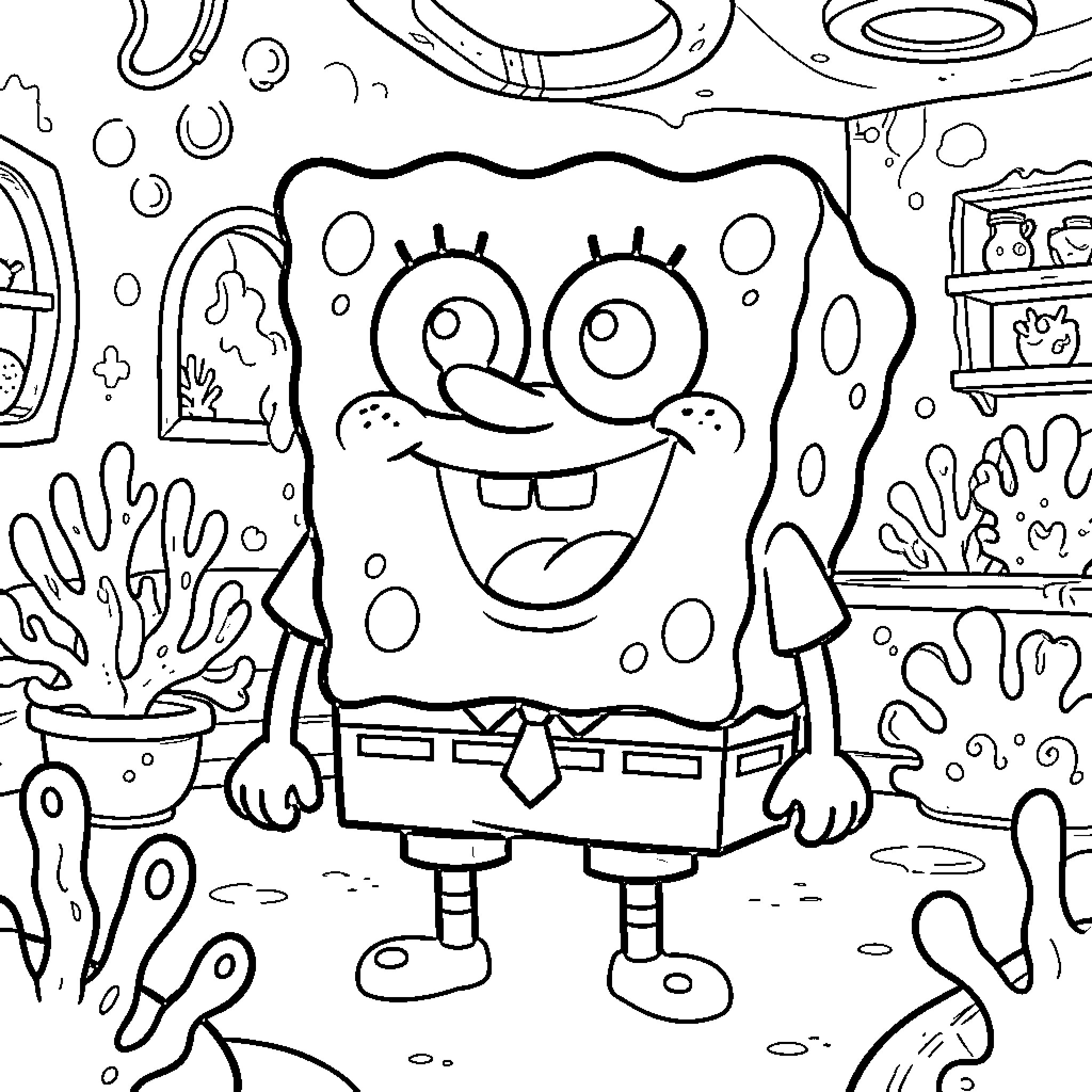 Spongebob's Silly Adventures in Bikini Bottom Coloring Page (free black-and-white line drawing printable PDF for all, from beginners to advanced learners, including children, teens, adults, and seniors)