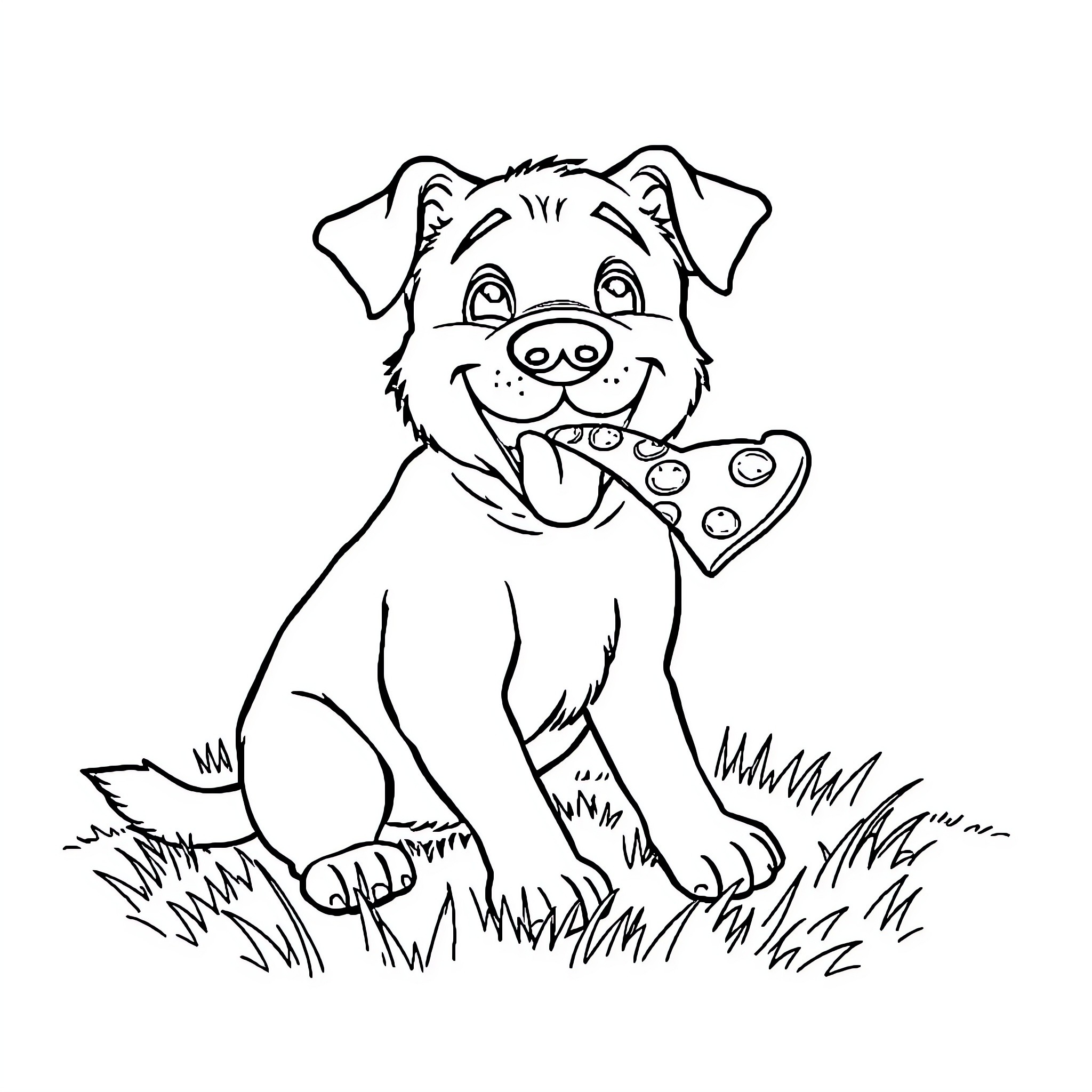 Dog happily playing with toy on grass Coloring Page (free black-and-white line drawing printable PDF for all, from beginners to advanced learners, including children, teens, adults, and seniors)