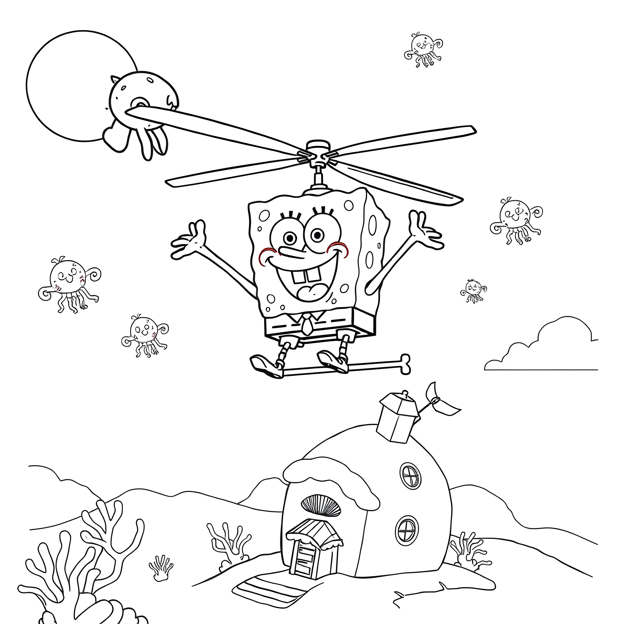 Spongebob flying a helicopter with underwater creatures Coloring Page (free black-and-white line drawing printable PDF for all, from beginners to advanced learners, including children, teens, adults, and seniors)