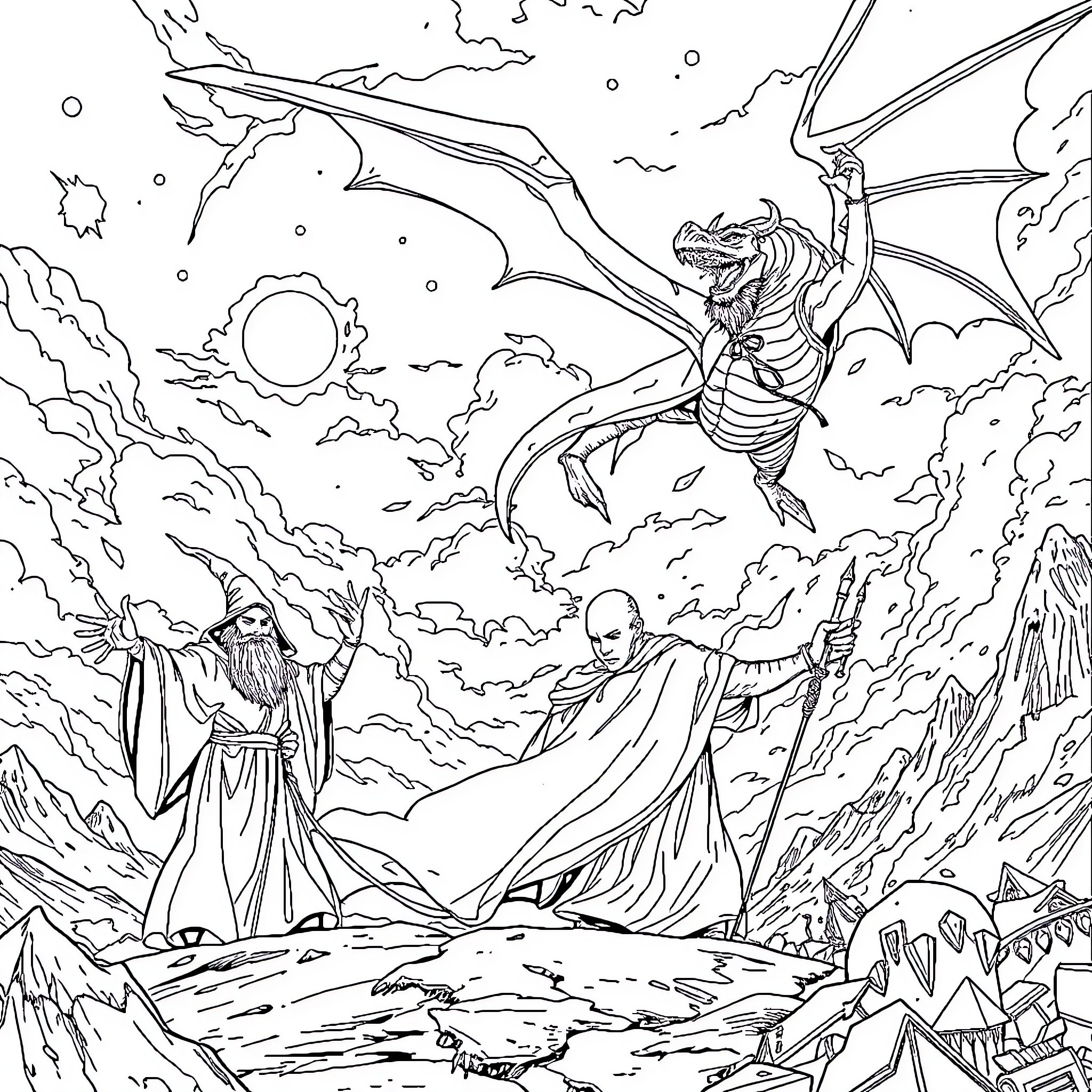 Wizard Summoning Powerful Dragon in Mystical Landscape Coloring Page (free black-and-white line drawing printable PDF for all, from beginners to advanced learners, including children, teens, adults, and seniors)