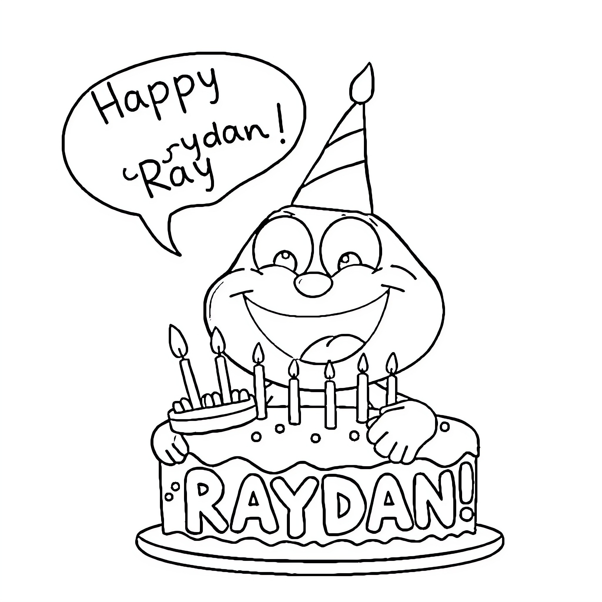 Bluey celebrating a happy birthday for Raydan! Coloring Page (free black-and-white line drawing printable PDF for all, from beginners to advanced learners, including children, teens, adults, and seniors)
