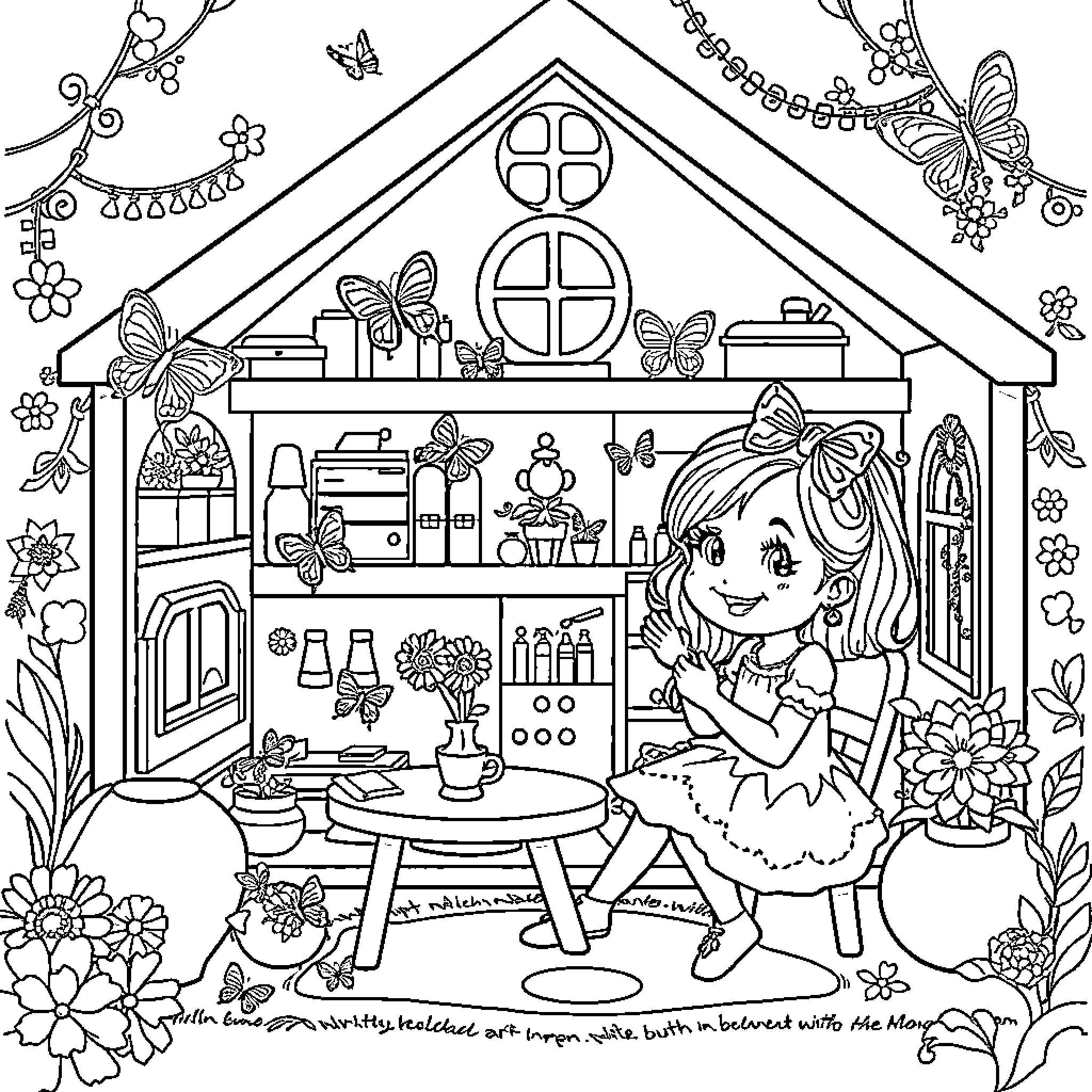Gabby Dollhouse with Whimsical Decor and Butterflies Coloring Page (free black-and-white line drawing printable PDF for all, from beginners to advanced learners, including children, teens, adults, and seniors)