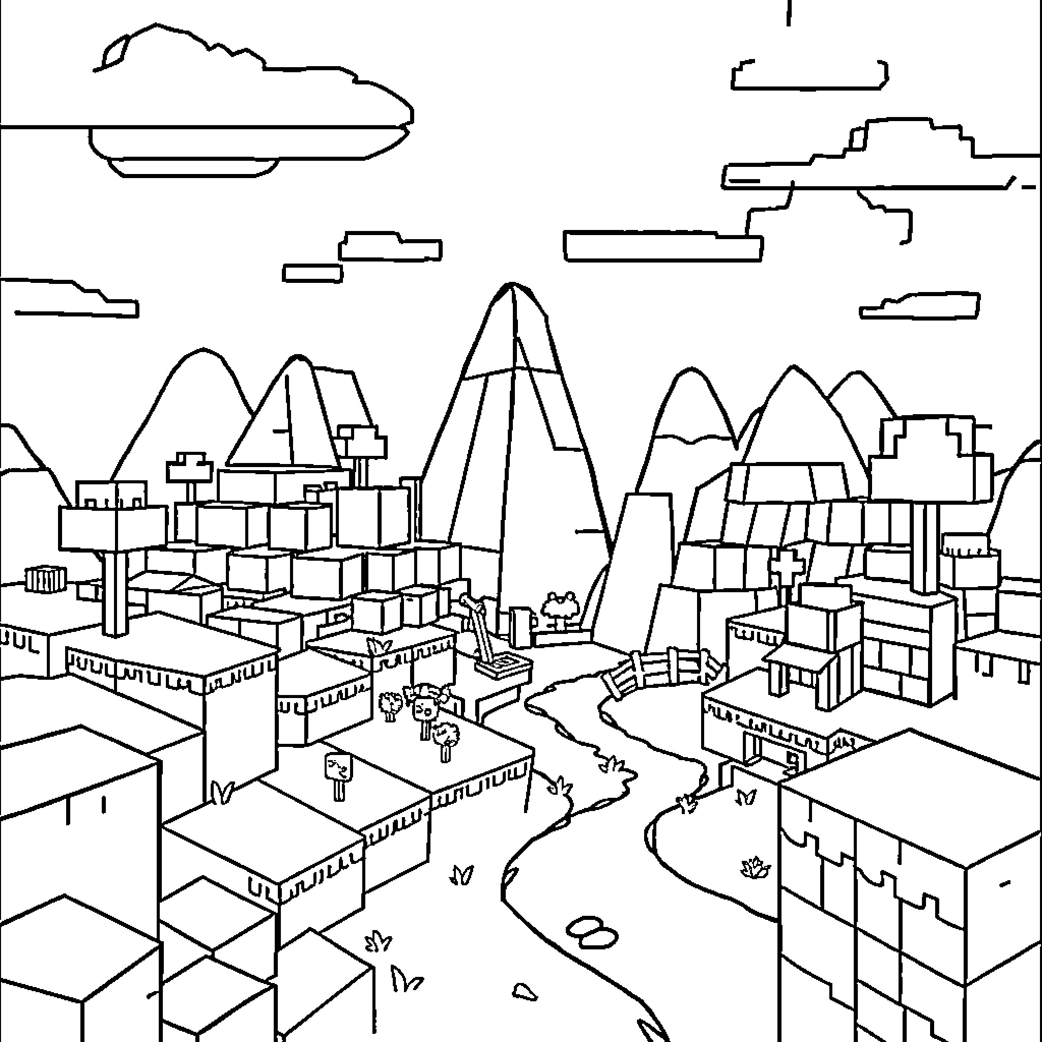 Minecraft Cityscape with Mountains and Clouds Coloring Page (free black-and-white line drawing printable PDF for all, from beginners to advanced learners, including children, teens, adults, and seniors)