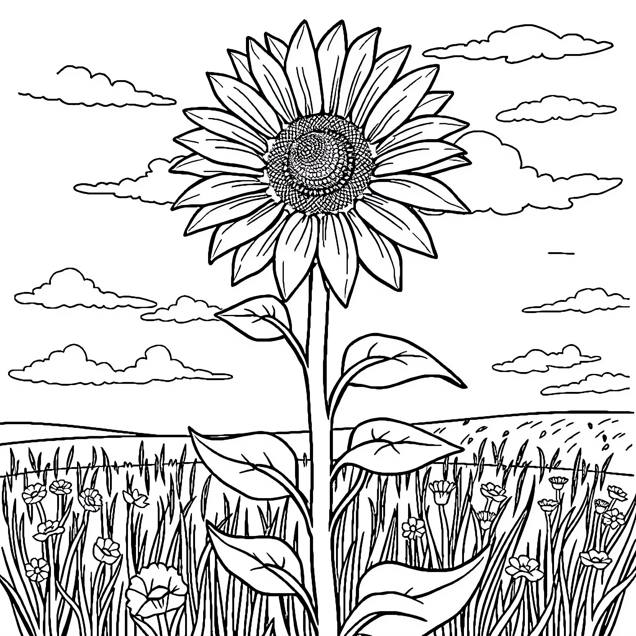Sunflower blooming in the countryside Coloring Page (free black-and-white line drawing printable PDF for all, from beginners to advanced learners, including children, teens, adults, and seniors)