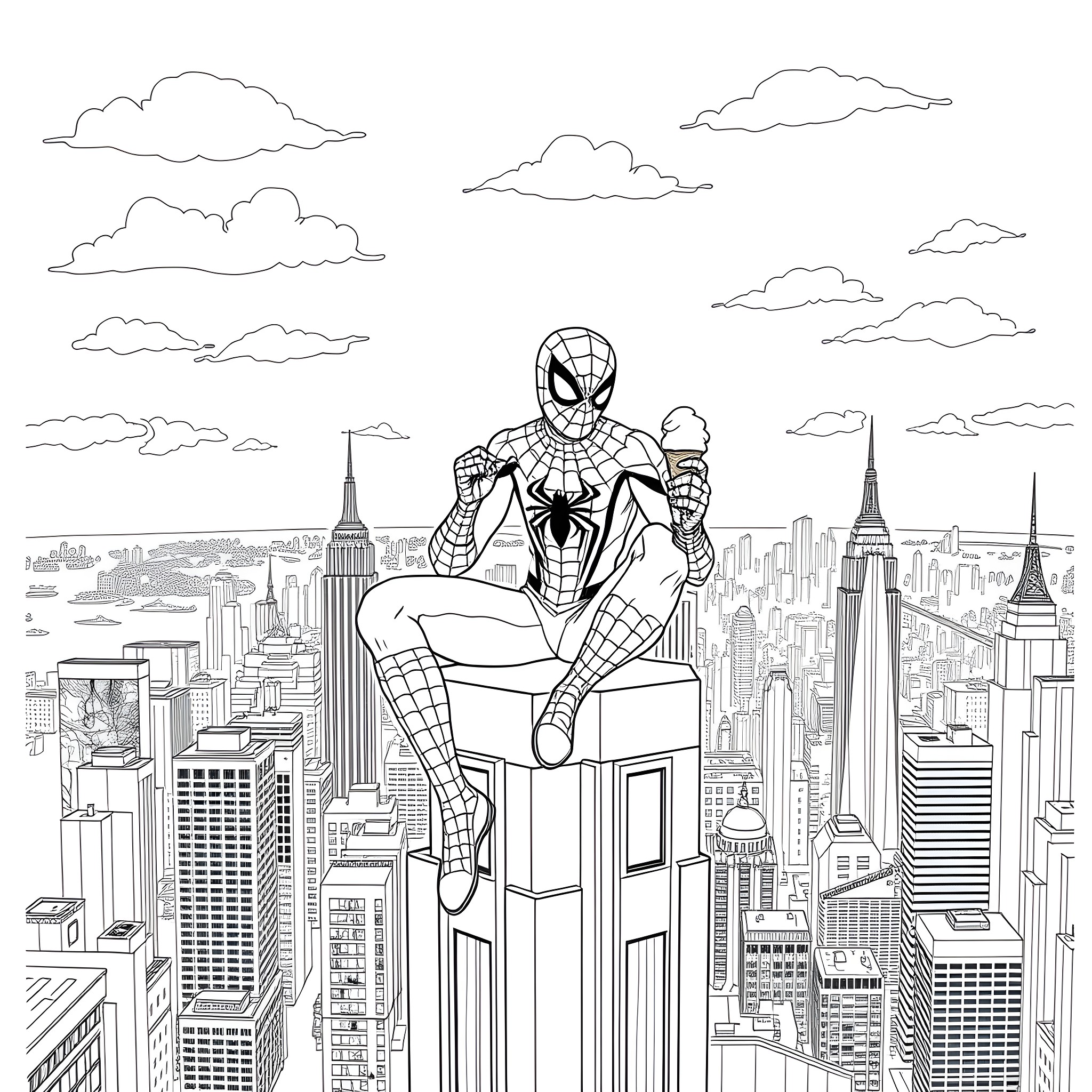 Spider-Man swinging above the city skyline Coloring Page (free black-and-white line drawing printable PDF for all, from beginners to advanced learners, including children, teens, adults, and seniors)