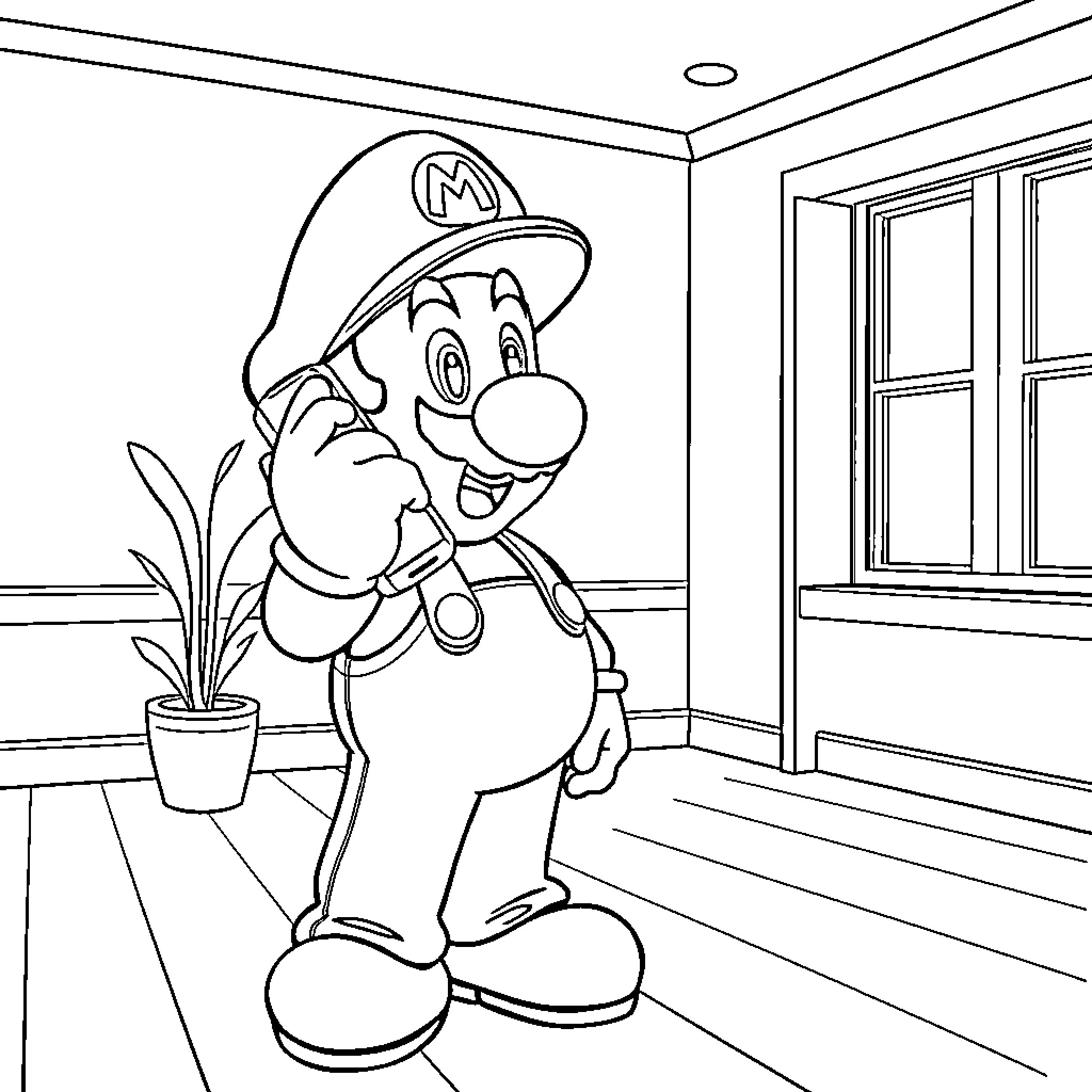 Mario exploring a new indoor environment Coloring Page (free black-and-white line drawing printable PDF for all, from beginners to advanced learners, including children, teens, adults, and seniors)