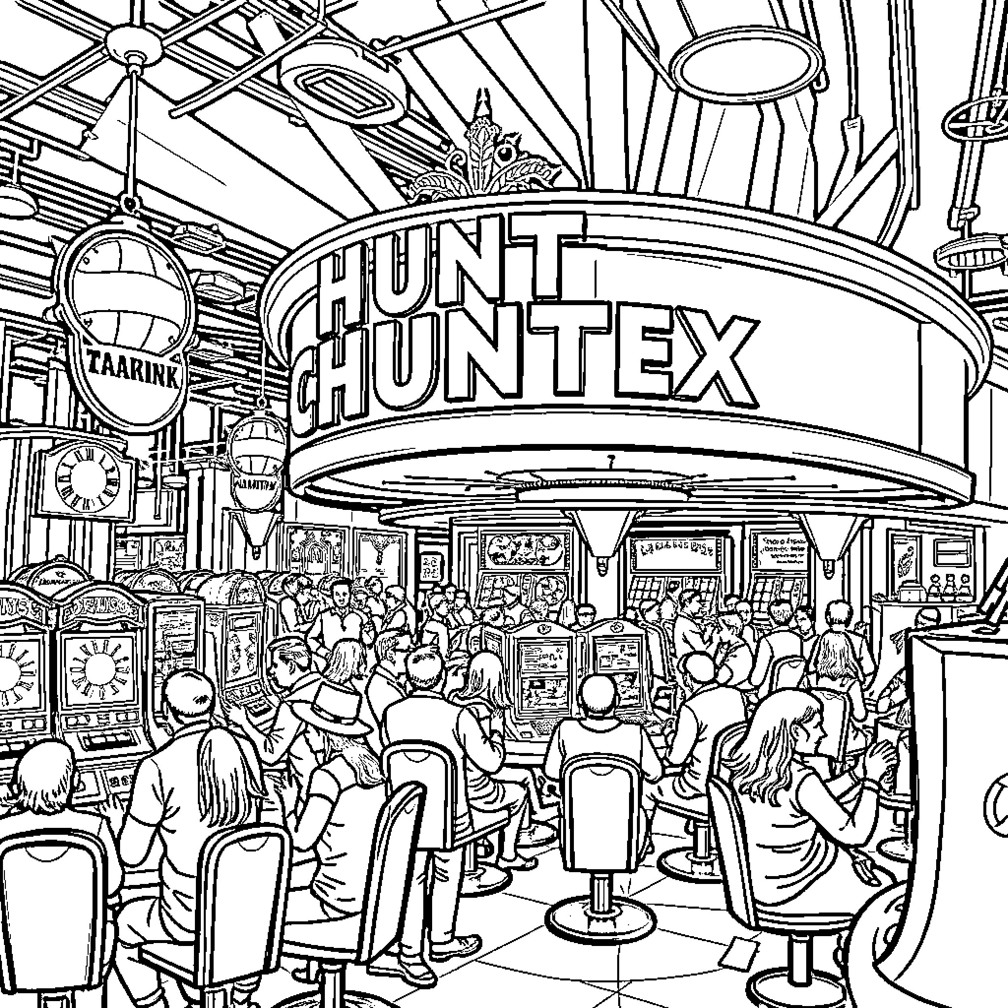 Huntrix Bustling Casino and Arcade Coloring Page (free black-and-white line drawing printable PDF for all, from beginners to advanced learners, including children, teens, adults, and seniors)