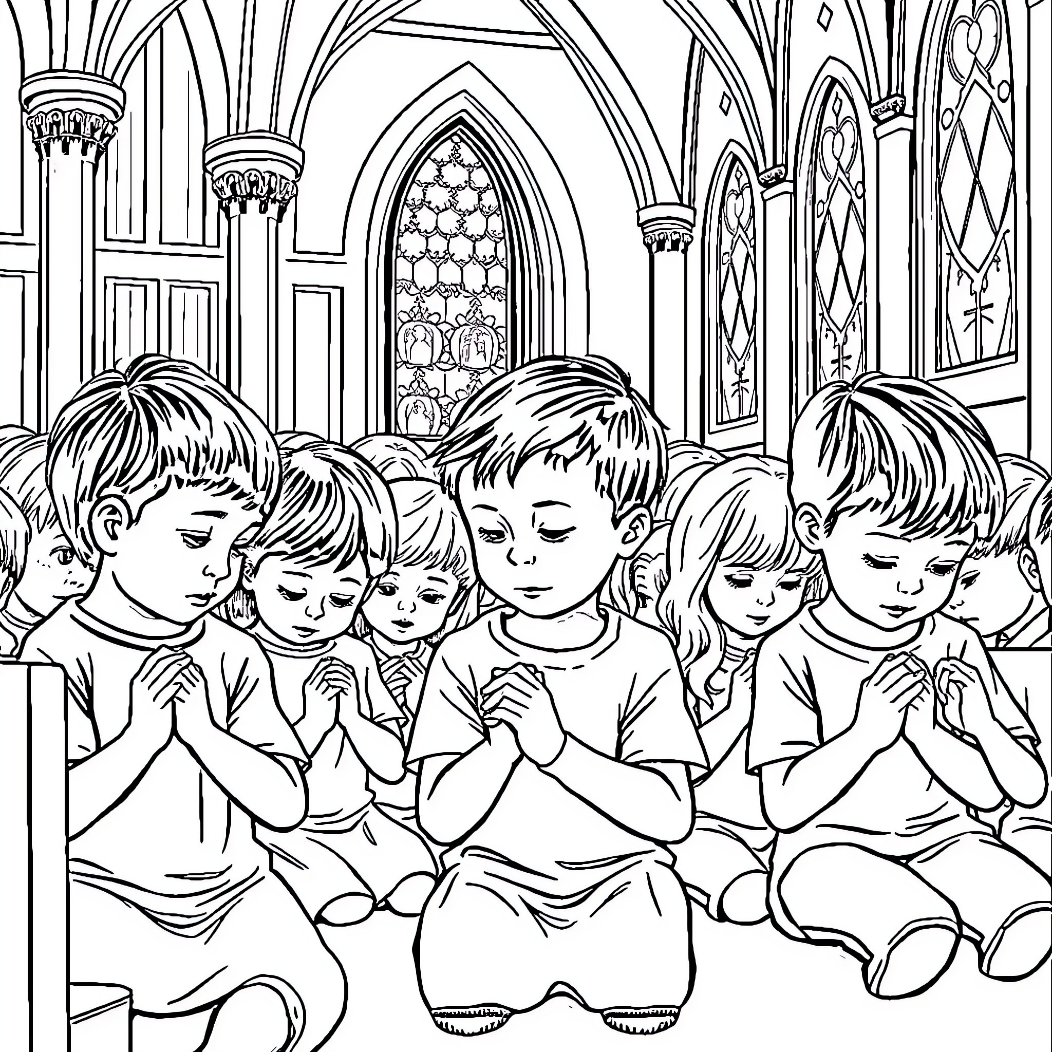 Children praying solemnly in a church Coloring Page (free black-and-white line drawing printable PDF for all, from beginners to advanced learners, including children, teens, adults, and seniors)