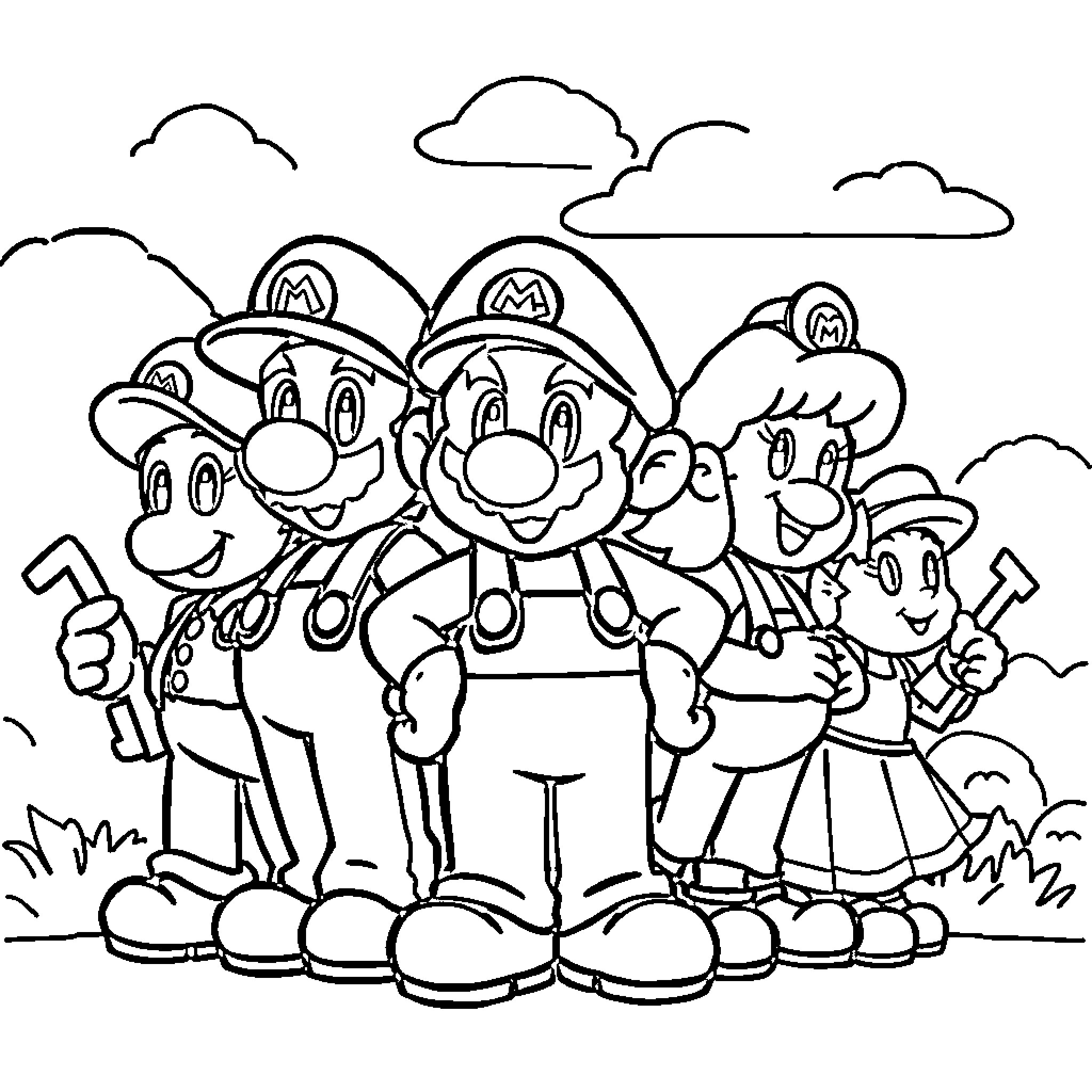 Mario and his plumber friends explore the outdoors Coloring Page (free black-and-white line drawing printable PDF for all, from beginners to advanced learners, including children, teens, adults, and seniors)