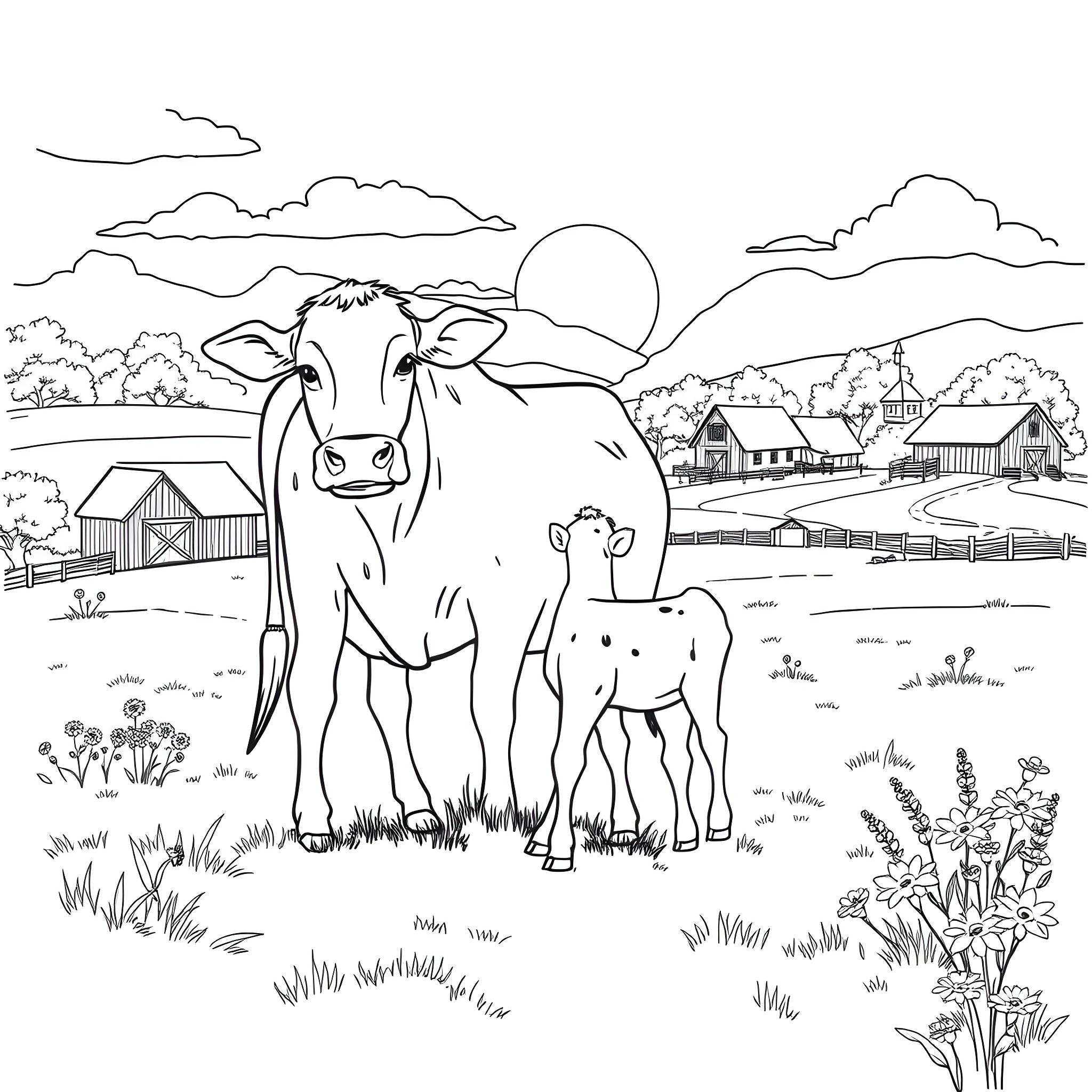 Cow and calf on a scenic farm landscape Coloring Page (free black-and-white line drawing printable PDF for all, from beginners to advanced learners, including children, teens, adults, and seniors)