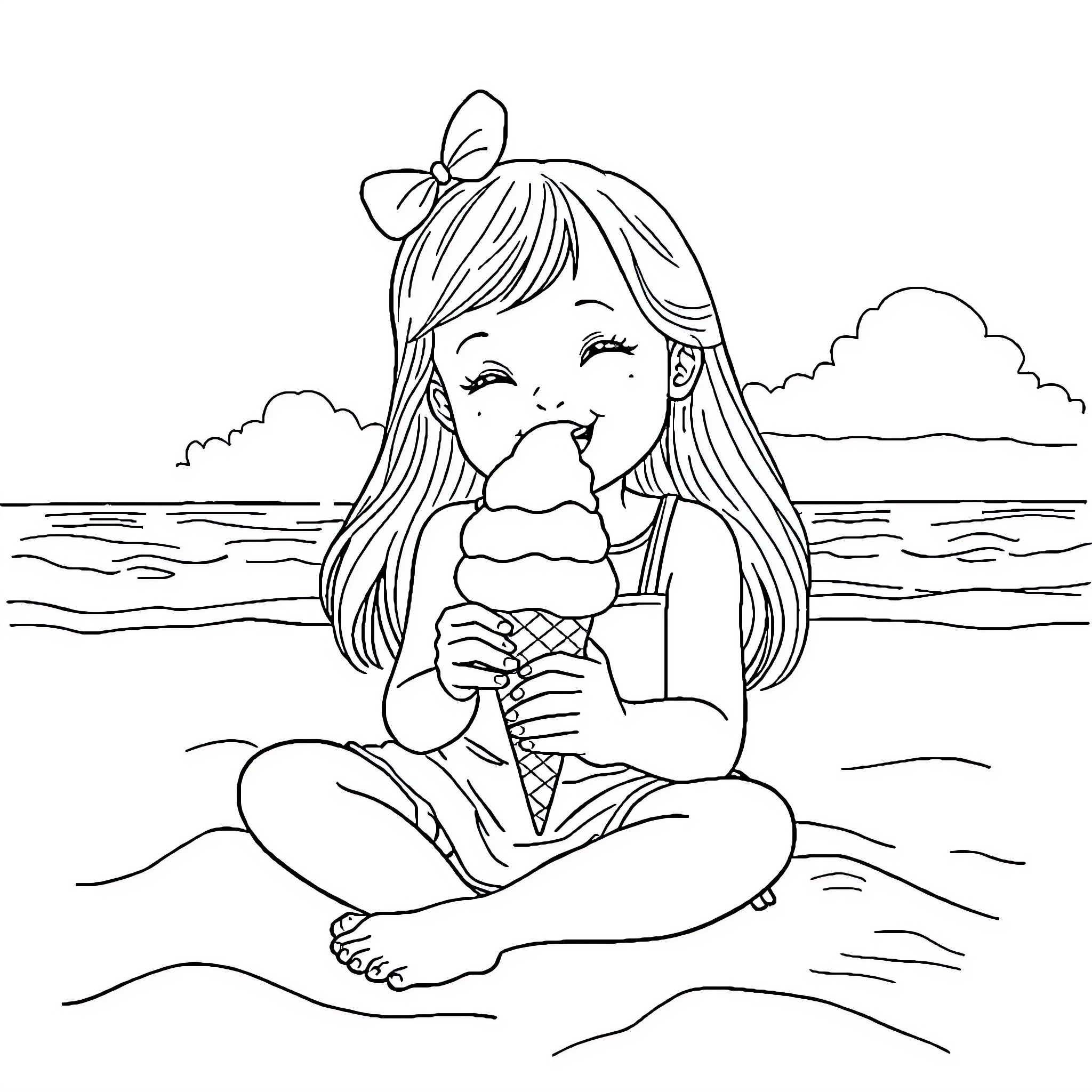 Girl enjoying ice cream by the beach Coloring Page (free black-and-white line drawing printable PDF for all, from beginners to advanced learners, including children, teens, adults, and seniors)
