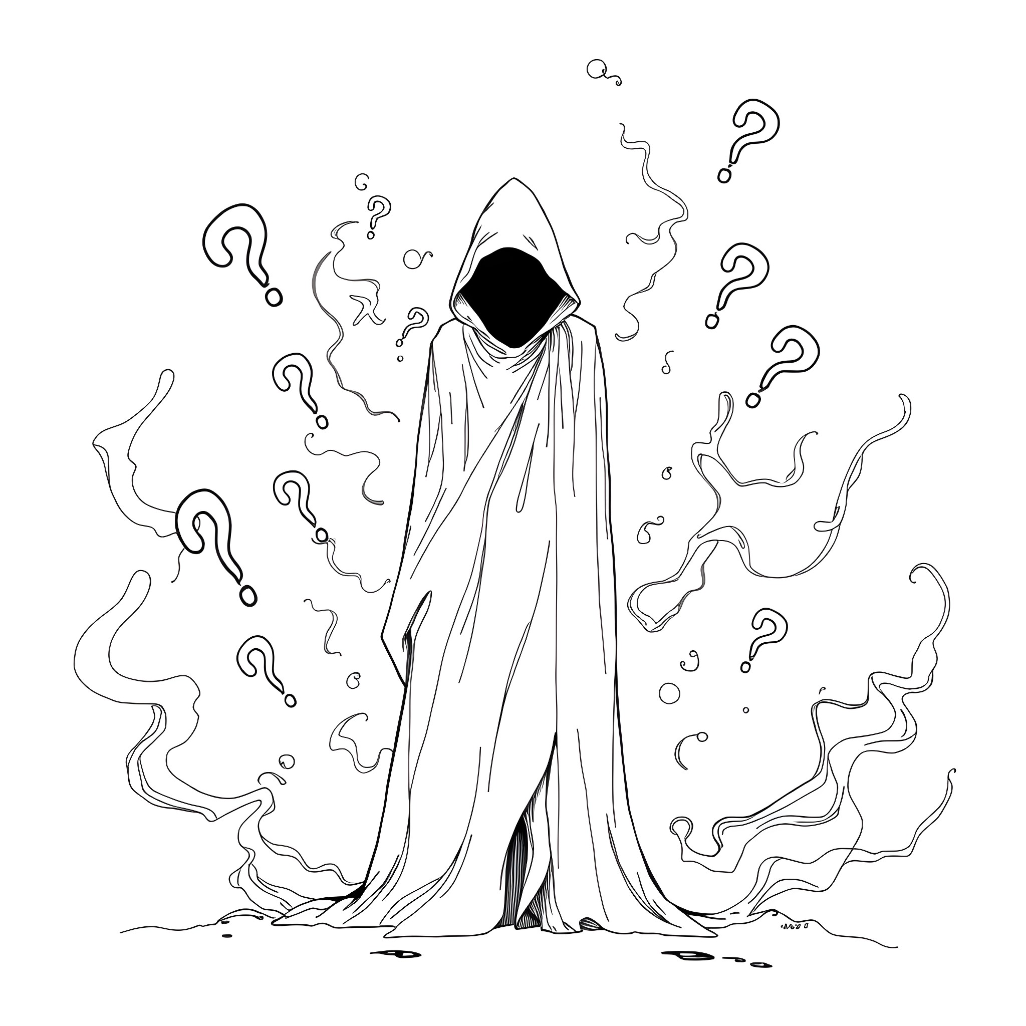 Question of the Mysterious Cloaked Figure Coloring Page (free black-and-white line drawing printable PDF for all, from beginners to advanced learners, including children, teens, adults, and seniors)