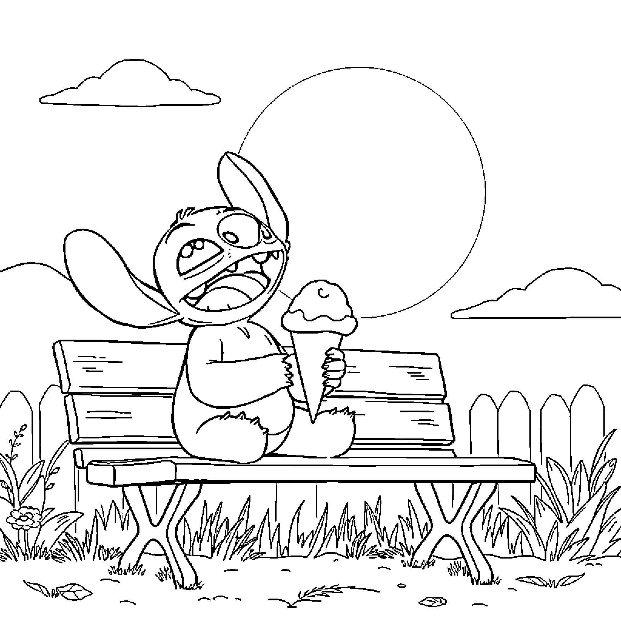 Stitch relaxing on a bench with an ice cream Coloring Page (free black-and-white line drawing printable PDF for all, from beginners to advanced learners, including children, teens, adults, and seniors)