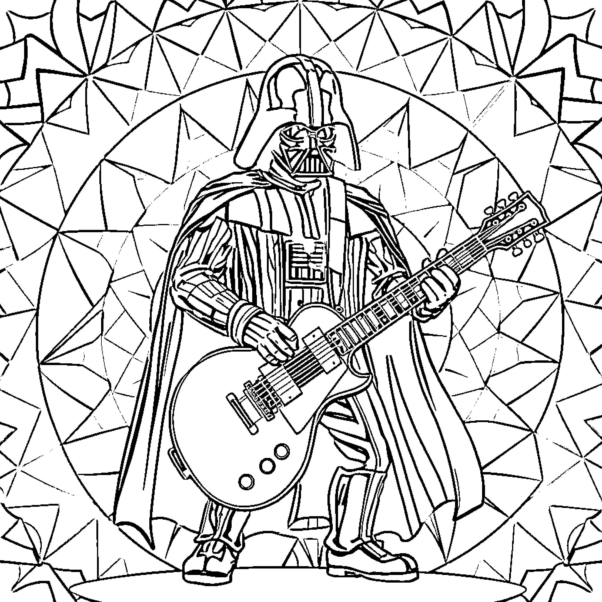 Darth Vader playing electric guitar in a geometric pattern Coloring Page (free black-and-white line drawing printable PDF for all, from beginners to advanced learners, including children, teens, adults, and seniors)