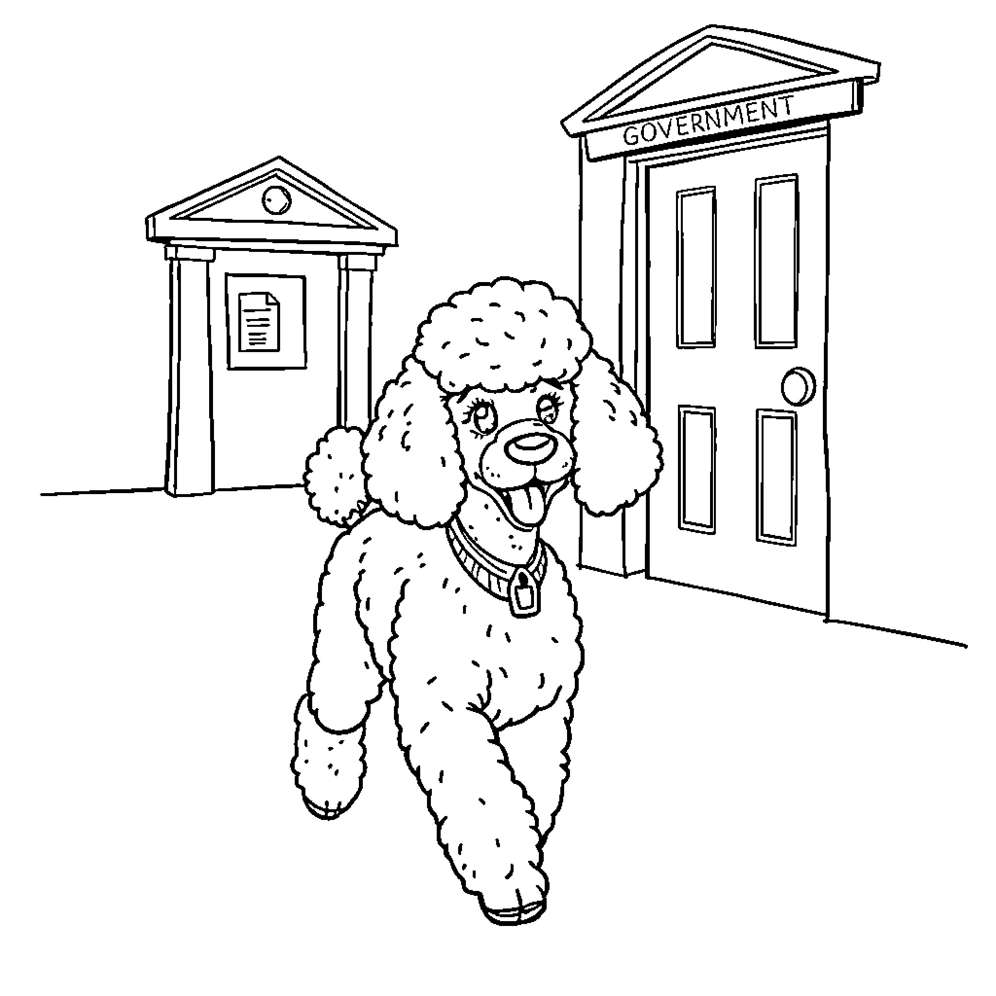 Poodle visiting the government building Coloring Page (free black-and-white line drawing printable PDF for all, from beginners to advanced learners, including children, teens, adults, and seniors)