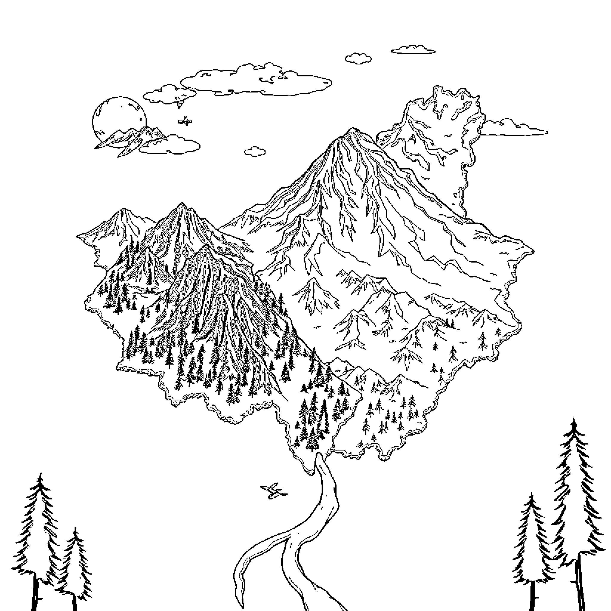 Continent of Majestic Mountains and Forests Coloring Page (free black-and-white line drawing printable PDF for all, from beginners to advanced learners, including children, teens, adults, and seniors)
