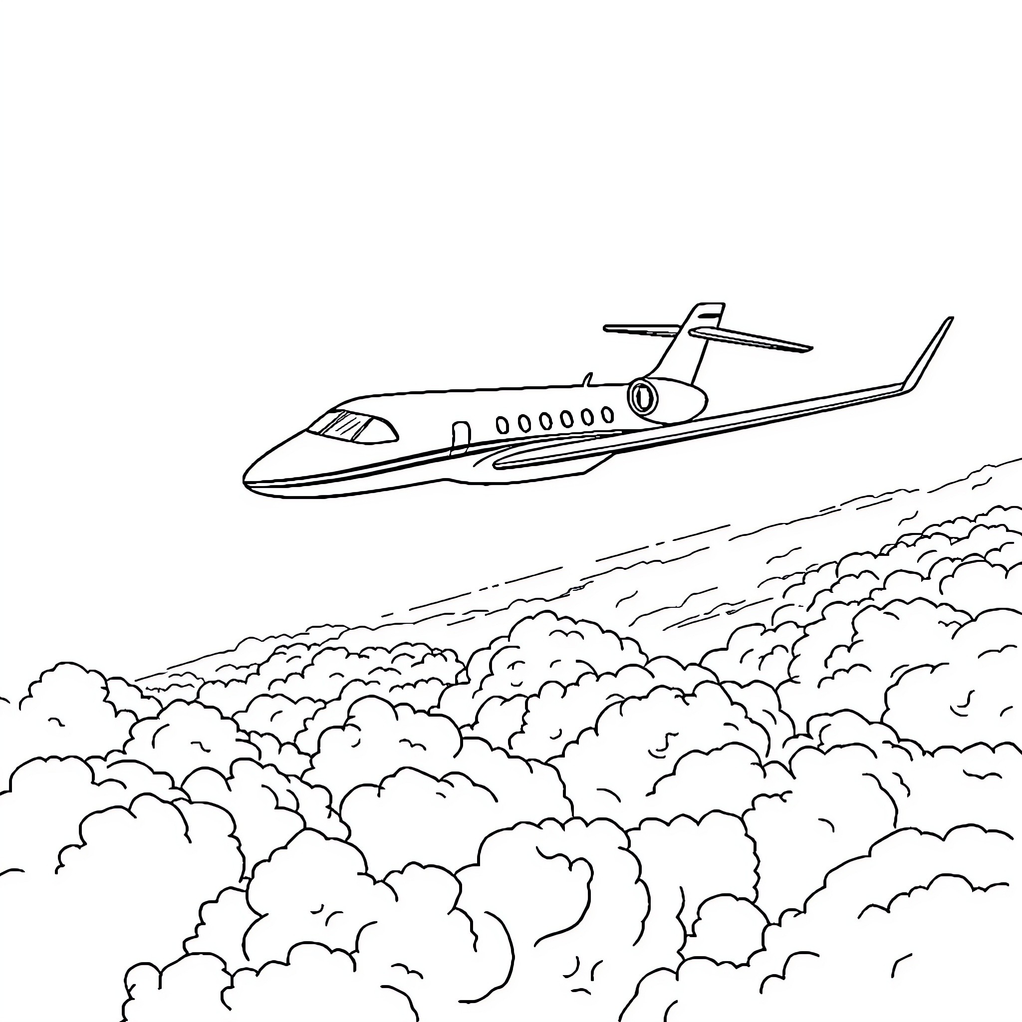 Gulfstream private jet soaring through the clouds Coloring Page (free black-and-white line drawing printable PDF for all, from beginners to advanced learners, including children, teens, adults, and seniors)