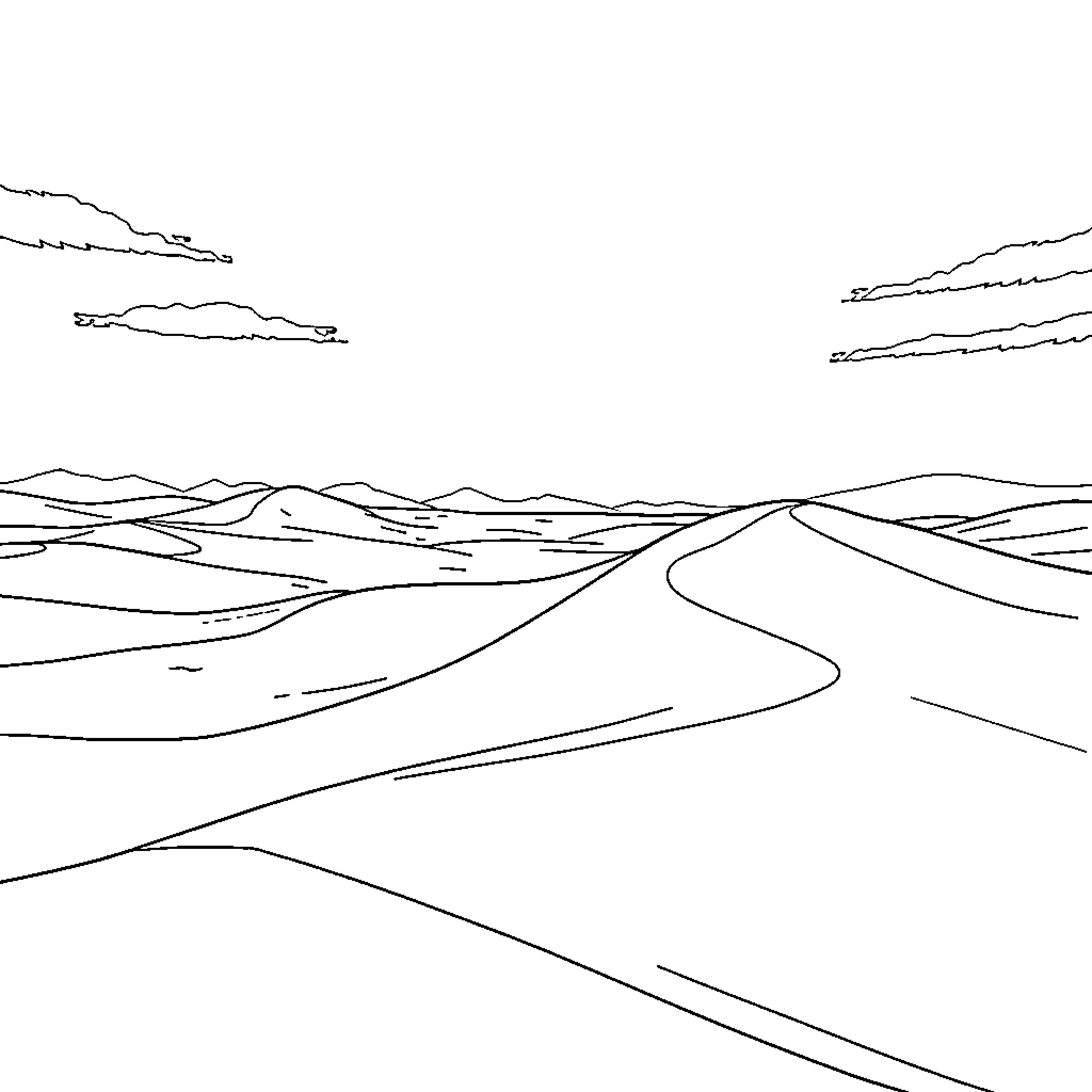 Desert landscape with winding road Coloring Page (free black-and-white line drawing printable PDF for all, from beginners to advanced learners, including children, teens, adults, and seniors)