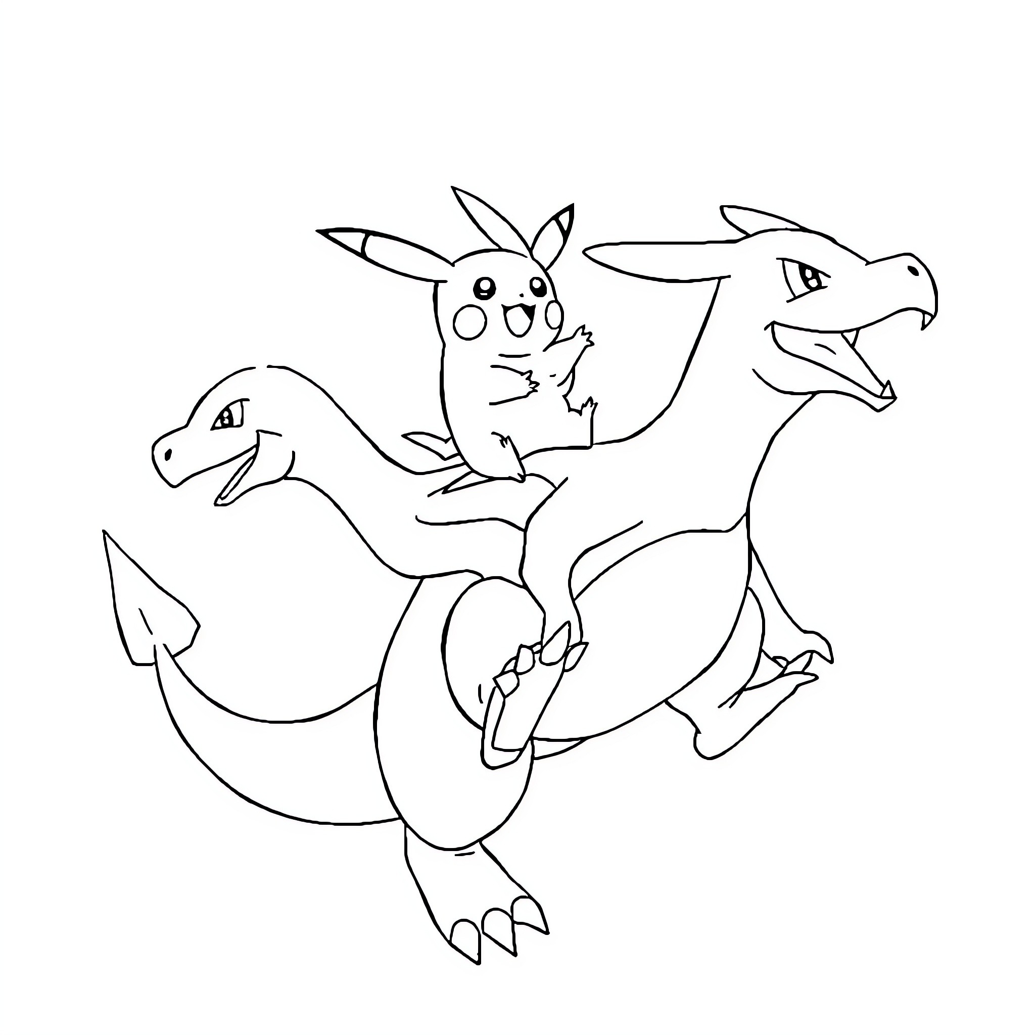 Pikachu riding a group of playful Pokemon Coloring Page (free black-and-white line drawing printable PDF for all, from beginners to advanced learners, including children, teens, adults, and seniors)