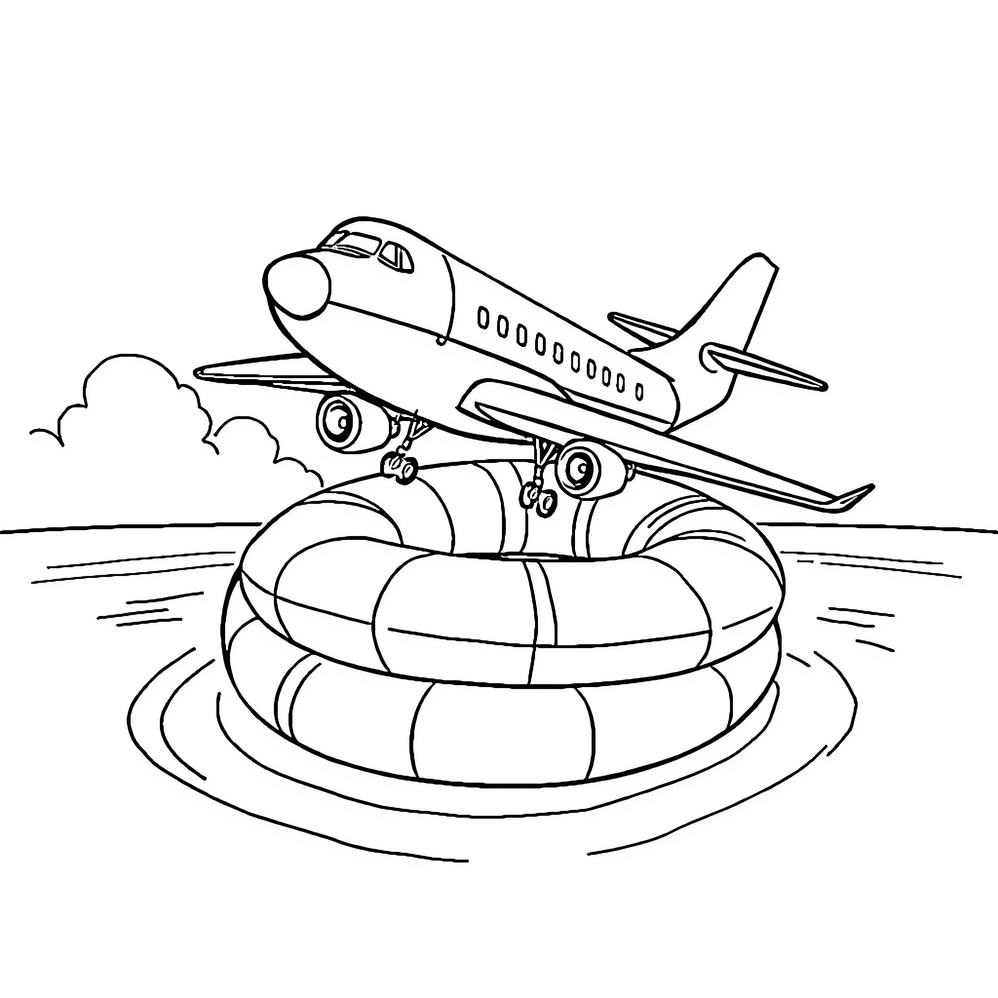 Airplane taking off from inflatable raft on water Coloring Page (free black-and-white line drawing printable PDF for all, from beginners to advanced learners, including children, teens, adults, and seniors)