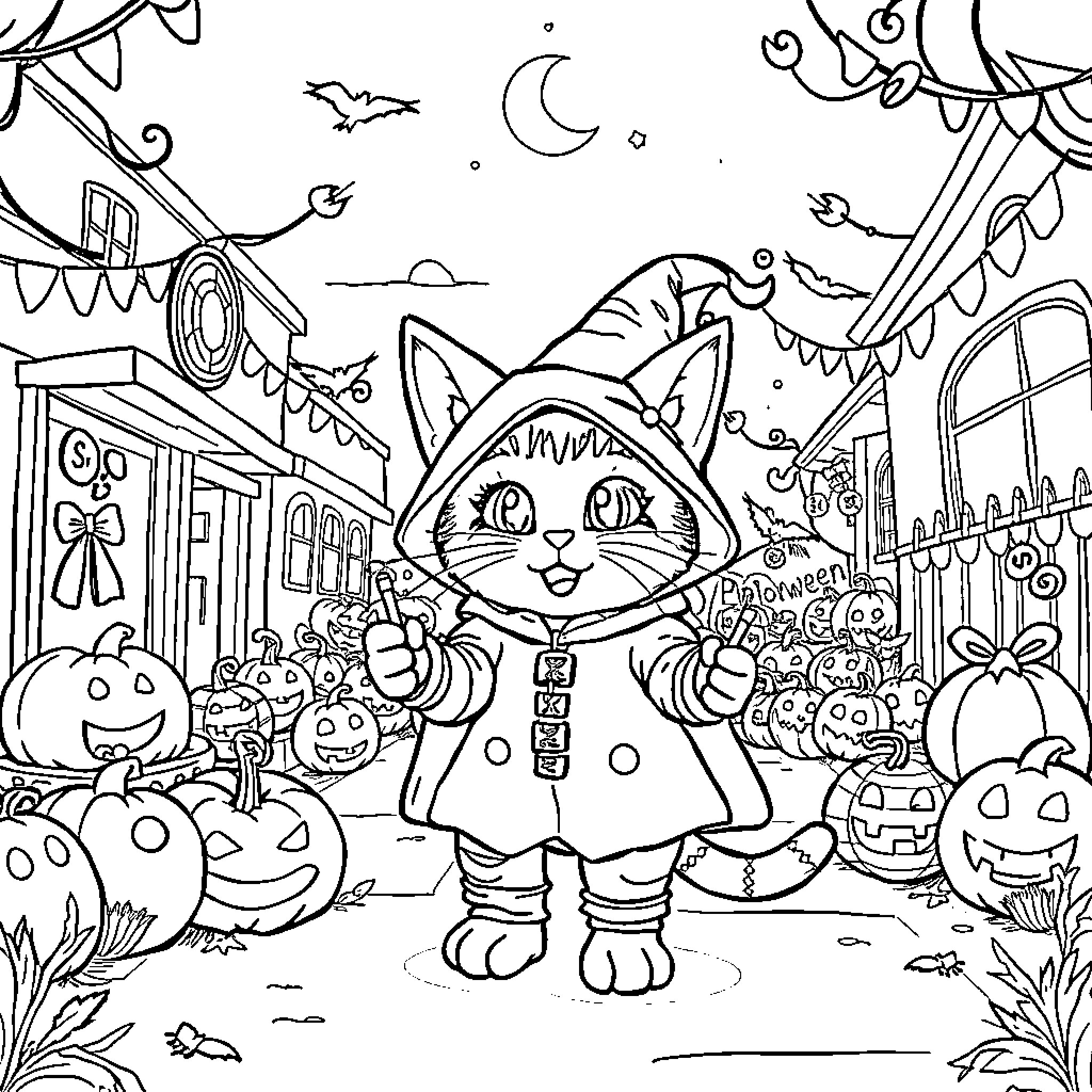 Cat in Halloween Costume on Spooky Night Coloring Page (free black-and-white line drawing printable PDF for all, from beginners to advanced learners, including children, teens, adults, and seniors)