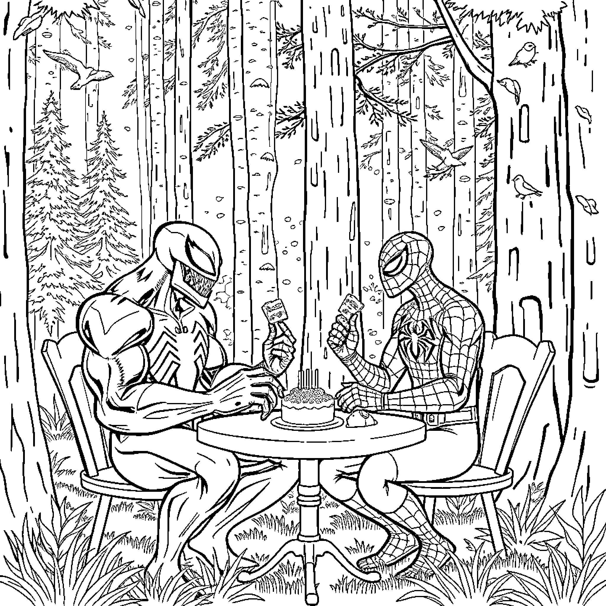 Venom and Spider-Man sharing a cake in the forest Coloring Page (free black-and-white line drawing printable PDF for all, from beginners to advanced learners, including children, teens, adults, and seniors)