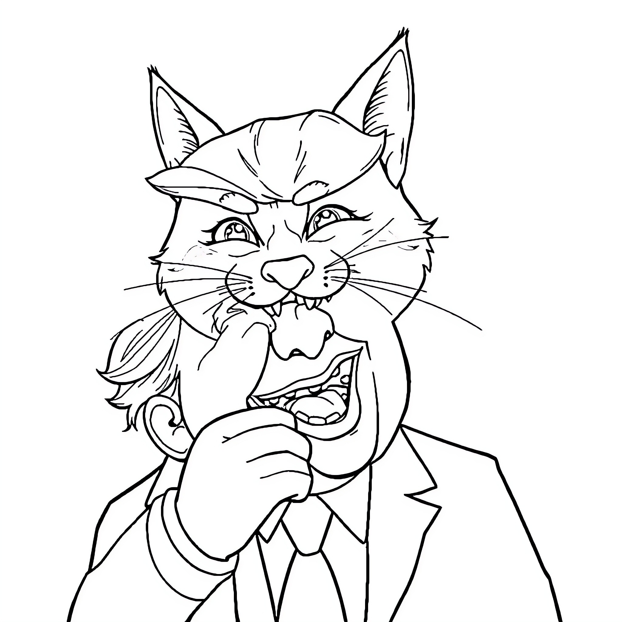 Tabby Cat Making Angry Expression Coloring Page (free black-and-white line drawing printable PDF for all, from beginners to advanced learners, including children, teens, adults, and seniors)