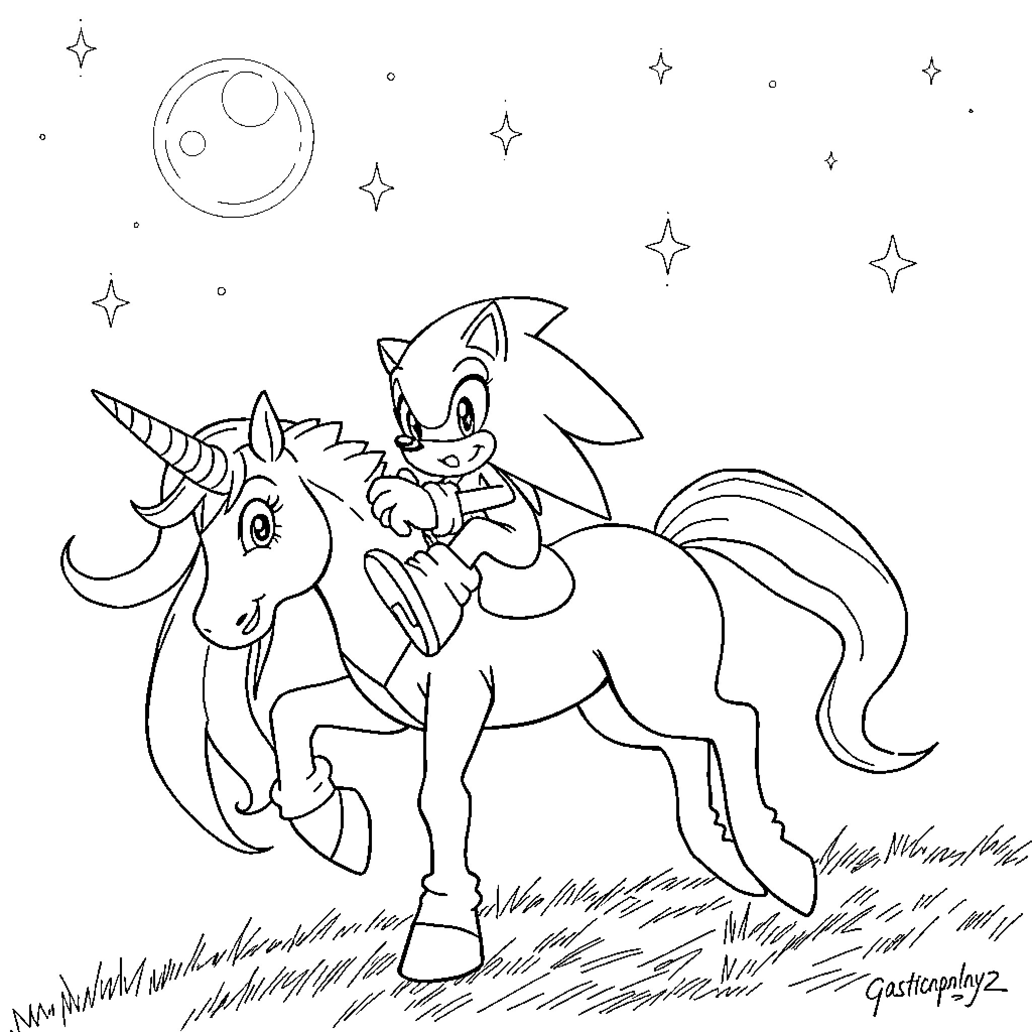 Sonic riding a magical unicorn under the night sky Coloring Page (free black-and-white line drawing printable PDF for all, from beginners to advanced learners, including children, teens, adults, and seniors)