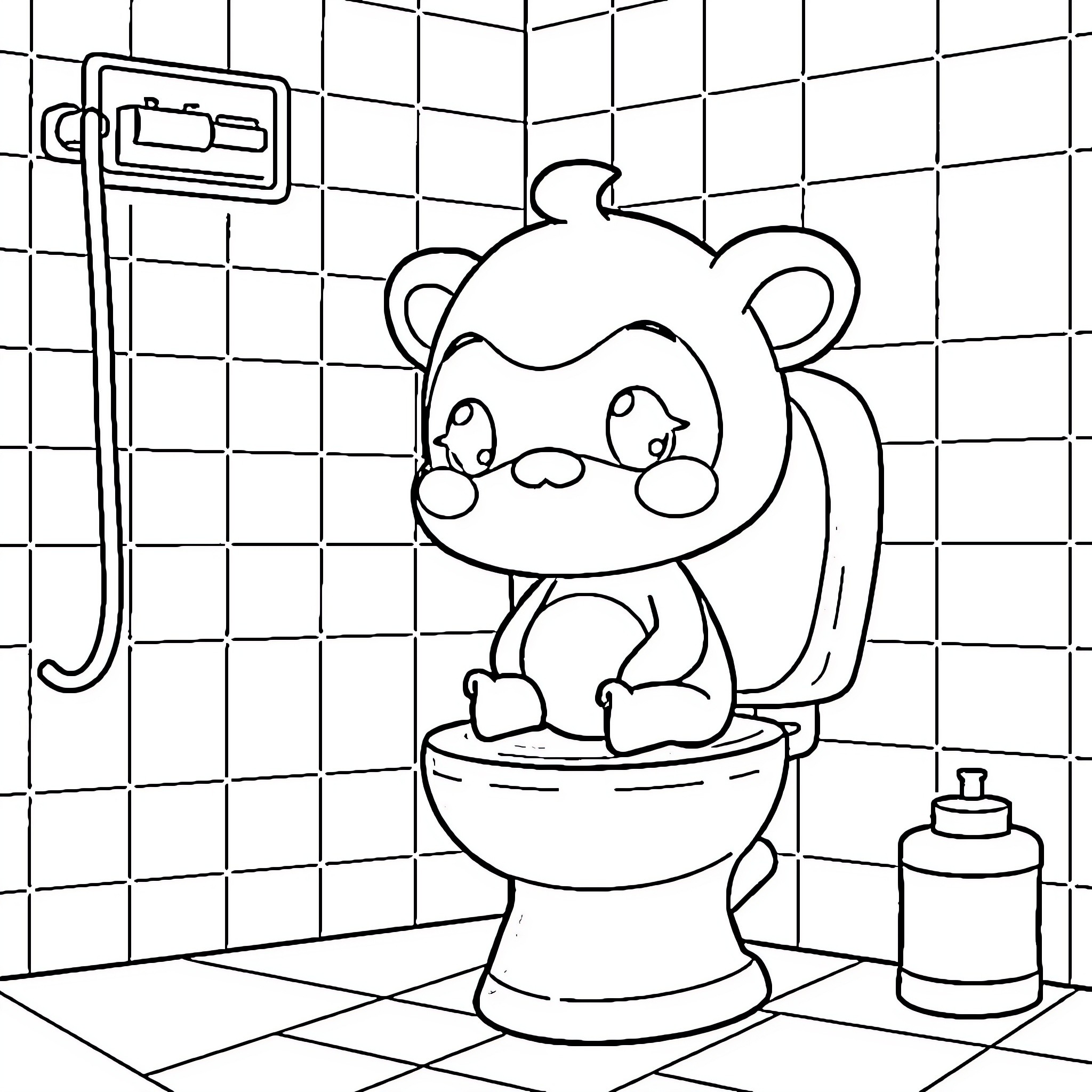Labubu uses the bathroom happily Coloring Page (free black-and-white line drawing printable PDF for all, from beginners to advanced learners, including children, teens, adults, and seniors)