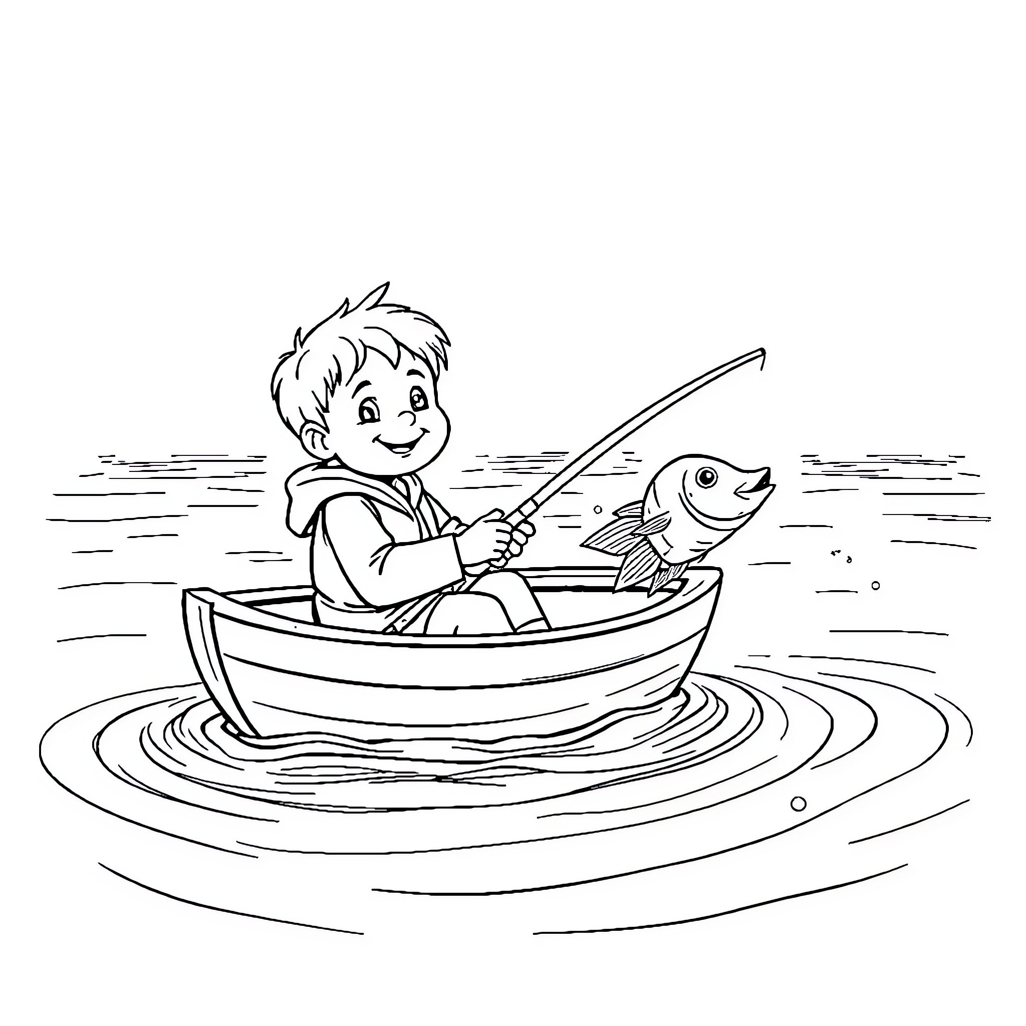Kid fishing happily in a boat Coloring Page (free black-and-white line drawing printable PDF for all, from beginners to advanced learners, including children, teens, adults, and seniors)